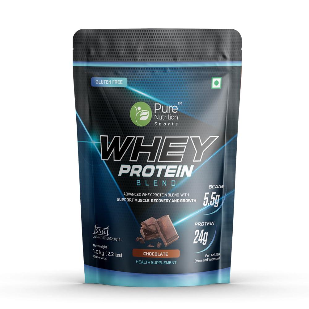 Pure Nutrition Naturals Pure Nutrition Whey Protein Blend (Isolate + Concentrate), 24g Protein, 5.5g BCAA per Serving | Supplement Powder for Men & Women for Muscle Recovery & Growth, Chocolate, 1Kg, 30 Servings