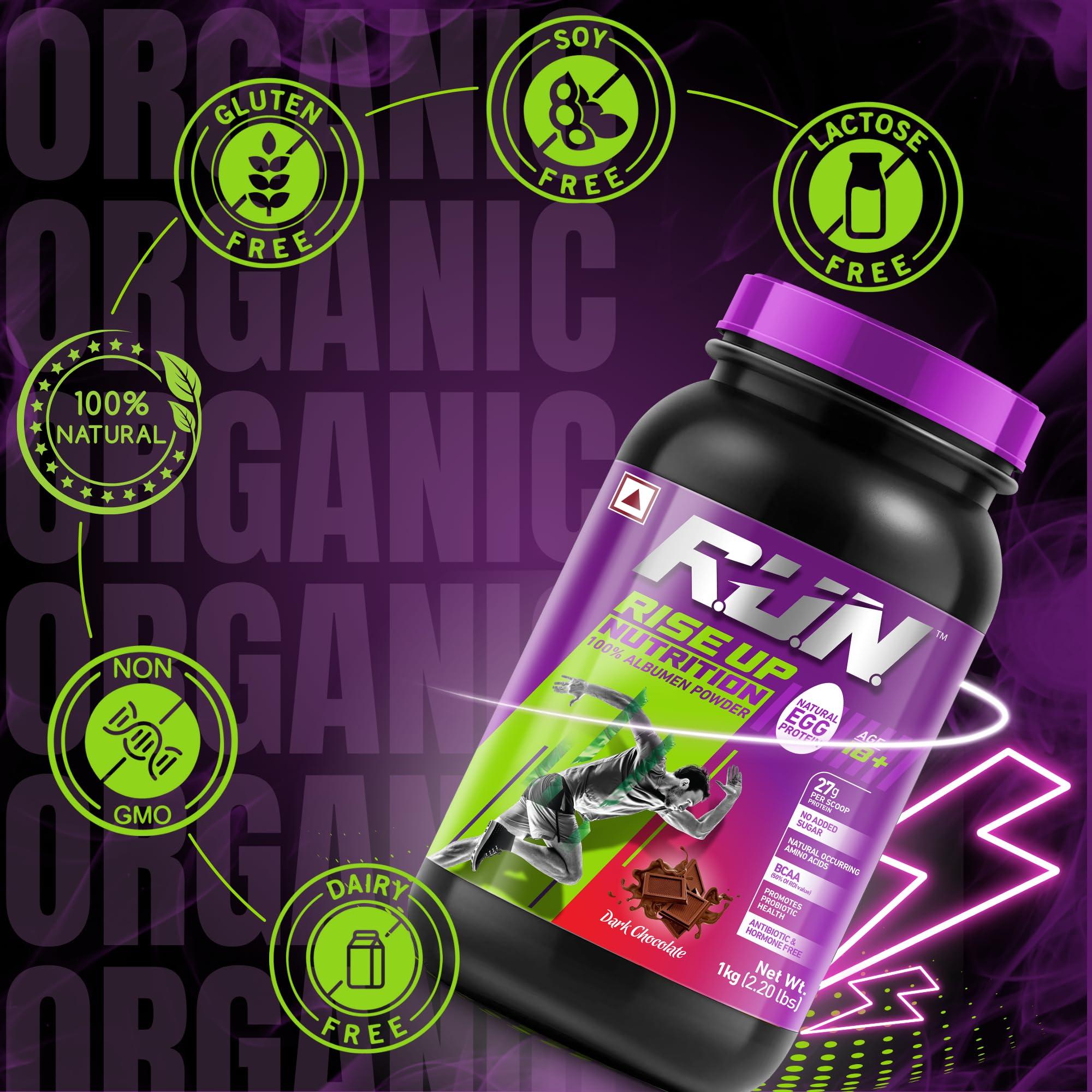 R.U.N-RISE UP NUTRITION R.U.N-RISE UP NUTRITION Egg White Protein Powder for Athletes,Gym & Fitness Enthusiasts |27g Protein & 14g EAA|Lactose, Soy & Gluten Free Egg Albumen Protein Powder for Immunity, Dark Chocolate -1kg