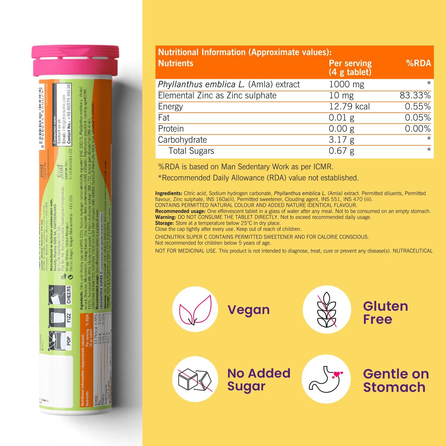 CHICNUTRIX Chicnutrix Super C - Natural Vitamin C & Zinc for Clear & Acne Free Skin | 1000mg Amla Extracts|For Women & All skin types| Orange Flavour | 40 Effervescent Tablets