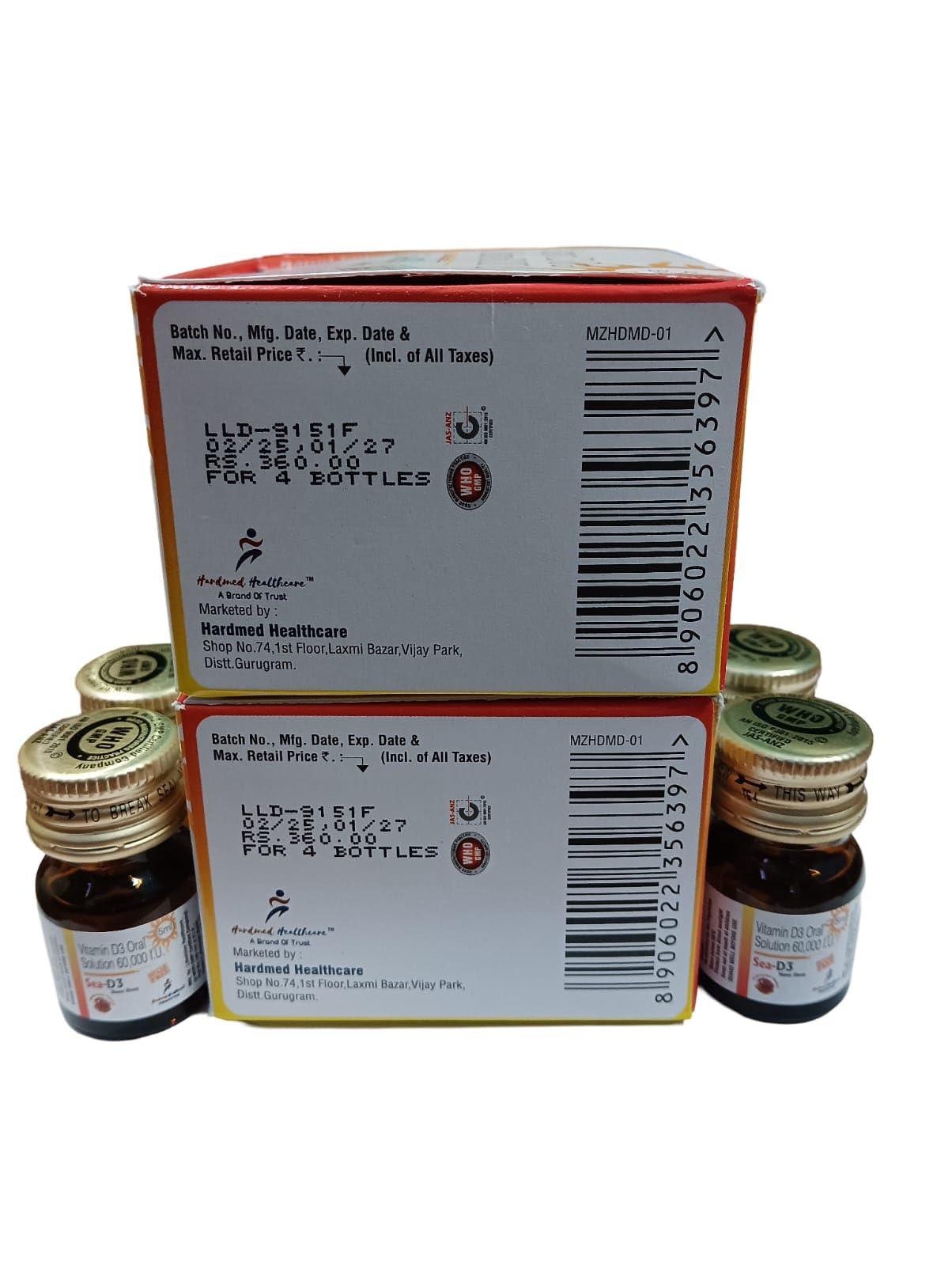 SEA SEA D3 Nano Shots/Vitamin D3 60000 I.U Suga Free Oral Solution Syrup(8 Shots Of 5Ml Each) = 2 Boxes, 1 Count
