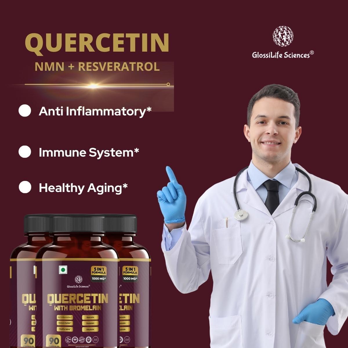 GlossiLife Sciences Quercetin with Bromelain 1000mg 5 in 1 Formula 90 Capsule