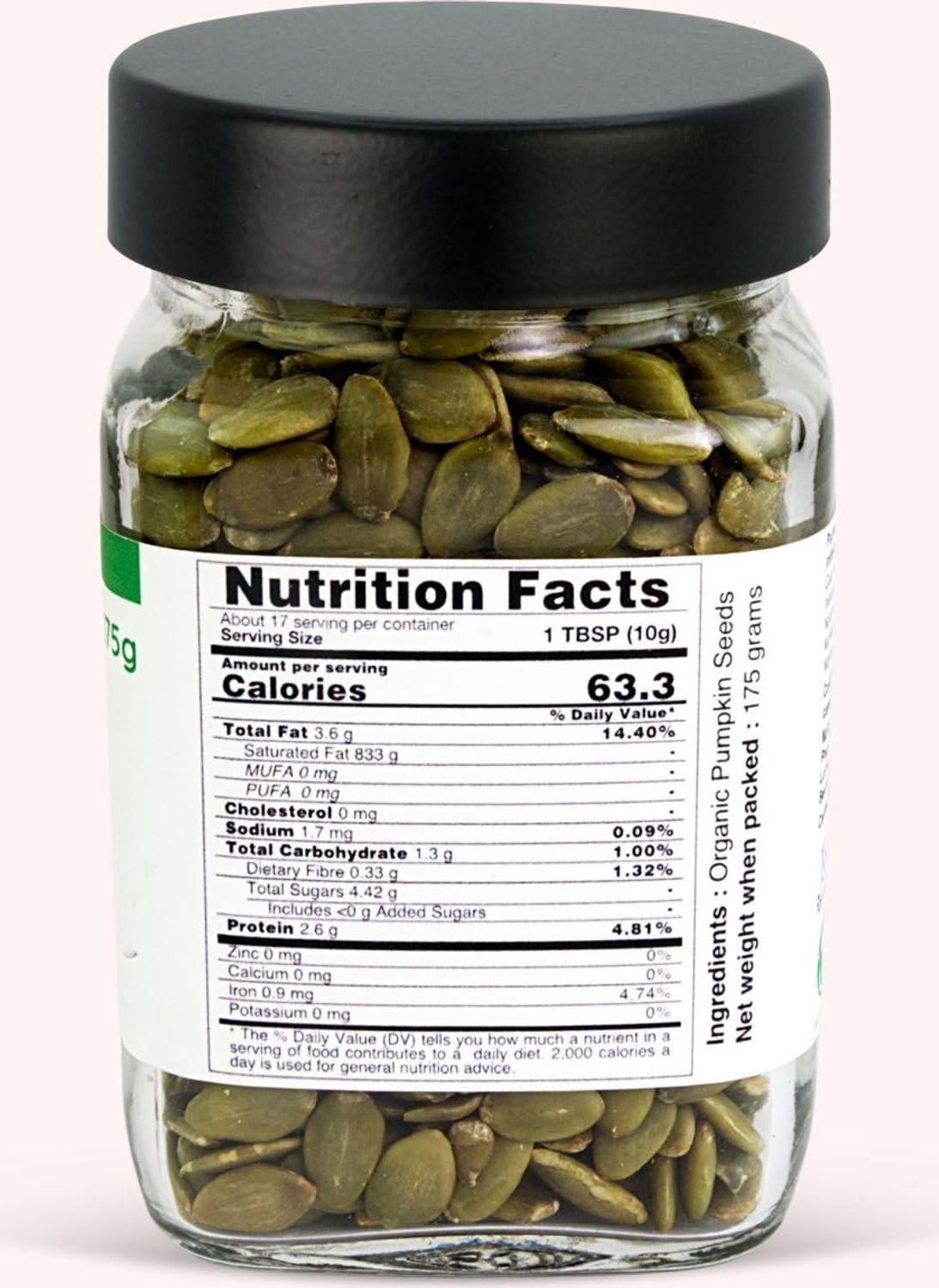 Pure Tree Pure Tree Certified Organic Pumpkin Seeds | 175 g | Glass Jar | Kaddu ke Beej | Organic Seeds for Eating Good Source Of Omega 3 | Raw Pumpkin Seeds Organic Superfood