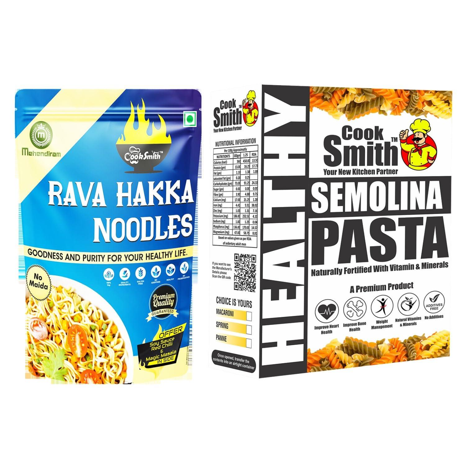 CookSmith CookSmith Healthy Semolina Penne Pasta + CookSmith Rava Hakka Noodle Combo | No Maida, No Fried, No MSG, No Preservatives | Sun Dried |Rava Pasta + Noodles |250gm+200gm (Pack of 2)