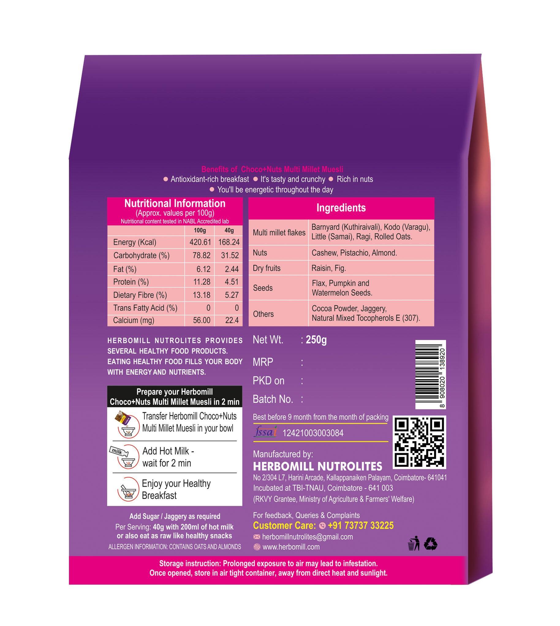 HERBOMILL NUTROLITES Herbomill Nutrolites Chocolate Nut Muesli: Delicious Multigrain Breakfast (250g) - Rich in Protein & Fiber