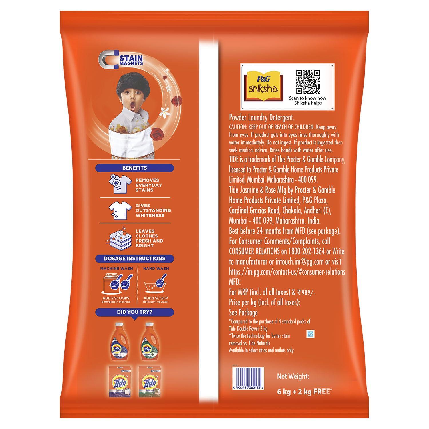 Tide Tide Plus Double Power Detergent Washing Powder Jasmine & Rose 6kg + 2kg FREE (Pack of 2)