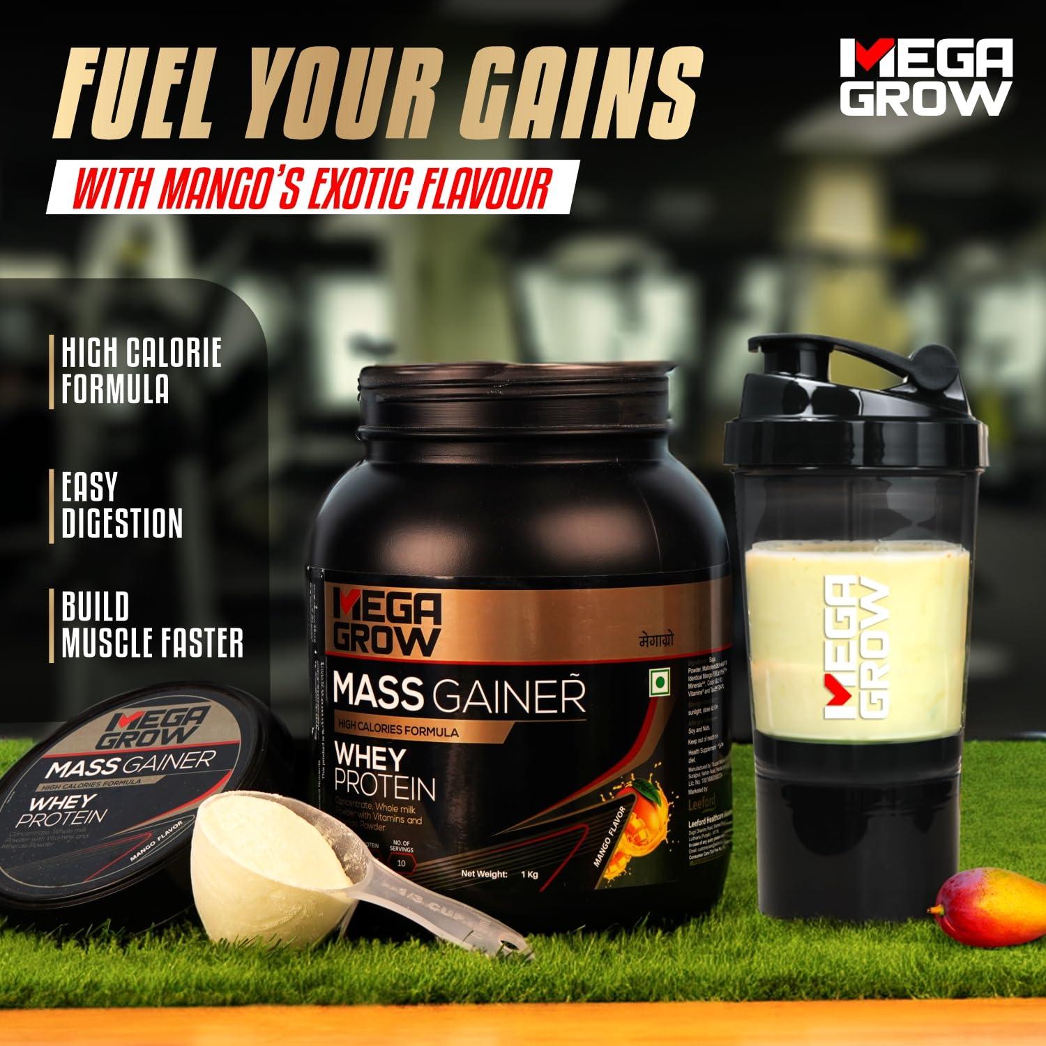 MEGAGROW Megagrow Mass Gainer + Shaker 1kg (Mango Flavor) -High Calorie Whey Protein Powder for Weight Gain/Muscle Building & Growth|Weight Gainer Shakes for Women & Men-No of Servings 10