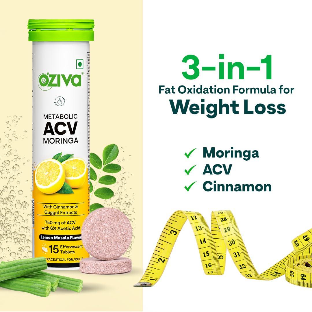 OZiva OZiva ACV Moringa | Control Cravings I Apple Cider Vinegar, Cinnamon, Guggul I No Maltodextrin & No Added Sugar I 15 Effervescent Tablets - Lemon Masala, Pack of 2 (30 Tablets)