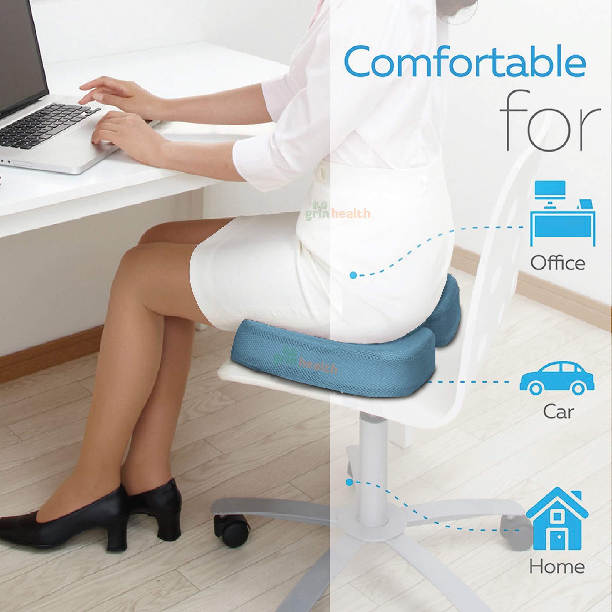 Grin Health Grin Health High Density Coccyx Seat Cushion for Tailbone, Sciatica, Hip Lower Back Pain Relief, Orthopedic Memory Foam Chair Cushions for Long Sitting for Office/Home Chair (Light Blue)