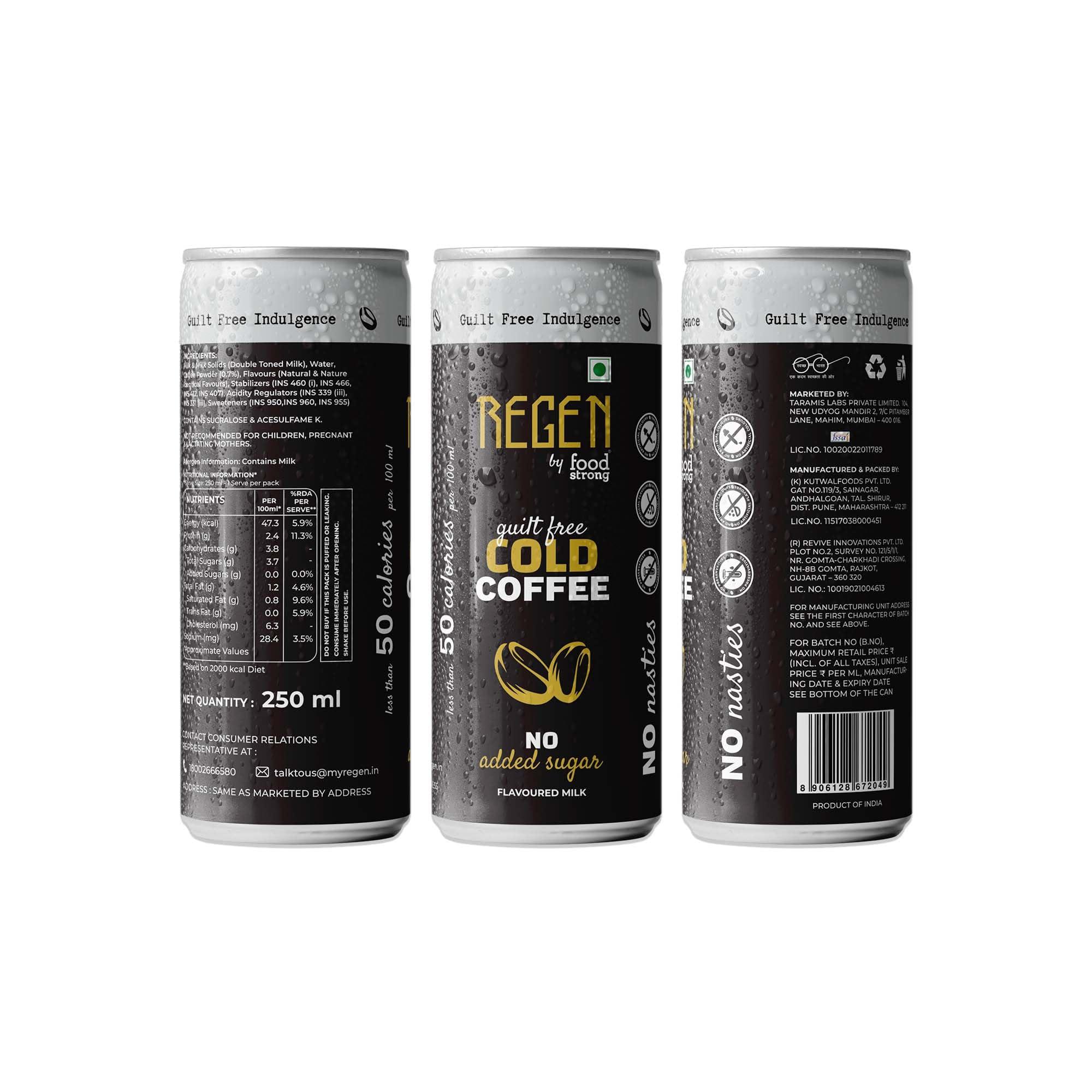 REGEN REGEN Cold Coffee - No Added Sugar| Made with 100% Arabica Coffee| Strong| Ready to Drink Can, 250 ml, Pack of 3