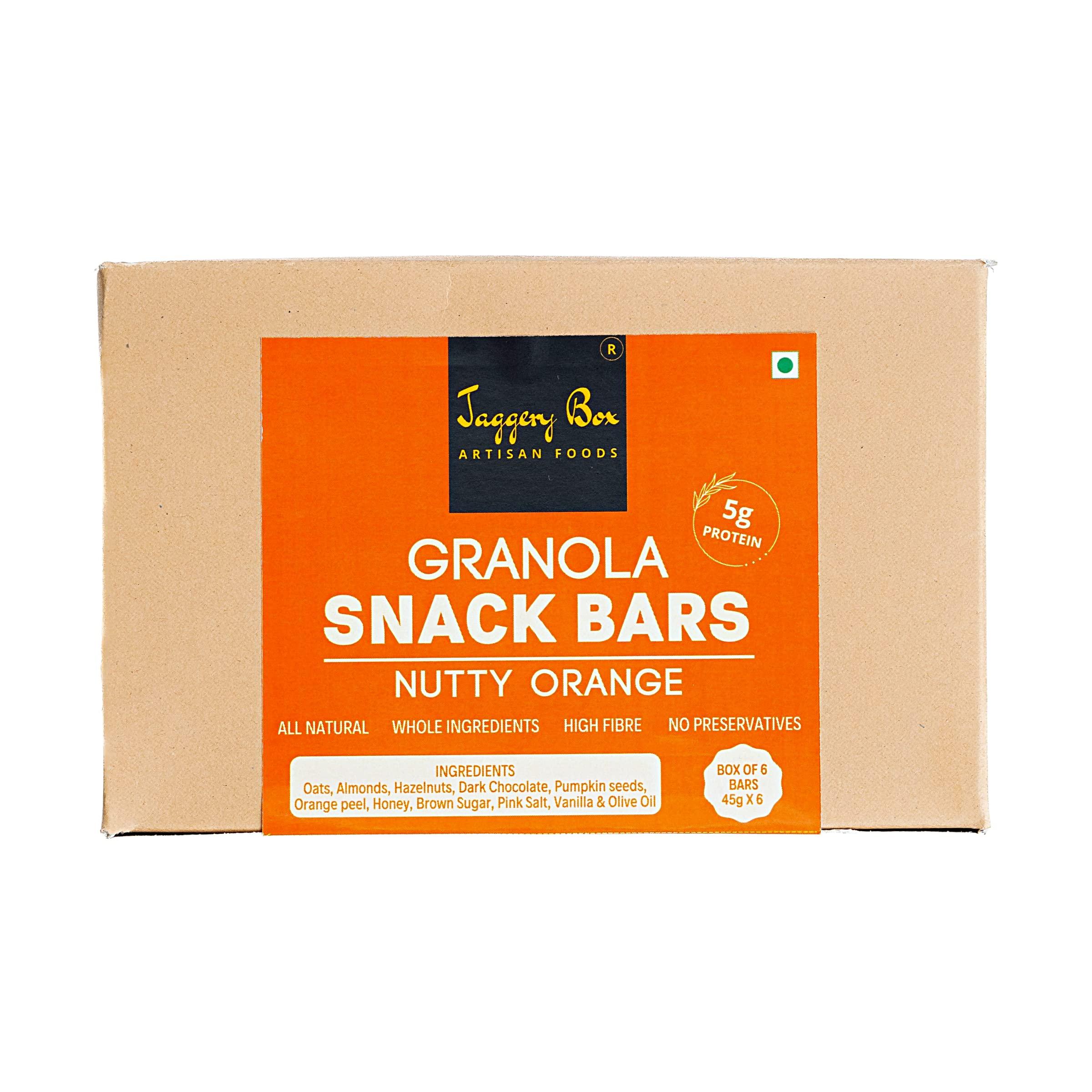 JAGGERY BOX Jaggery Box Nutty Orange Granola Snack Bar | All Natural with Wholegrains & Honey | No Preservatives & Artificial Flavours | 270g, Pack of 6 Bars