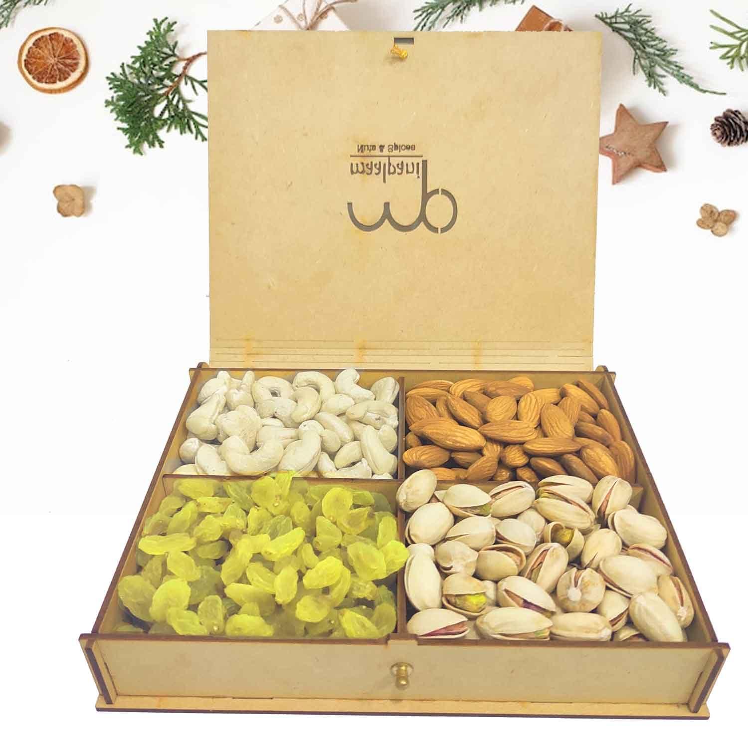 maalpani Maalpani Wooden Dry Fruits Gift Hamper for Coporates/Boss/Clients/Staff/Office 200g Dry fruit, Gift Hamper Box Combo Pack, Diwali Festival Gift