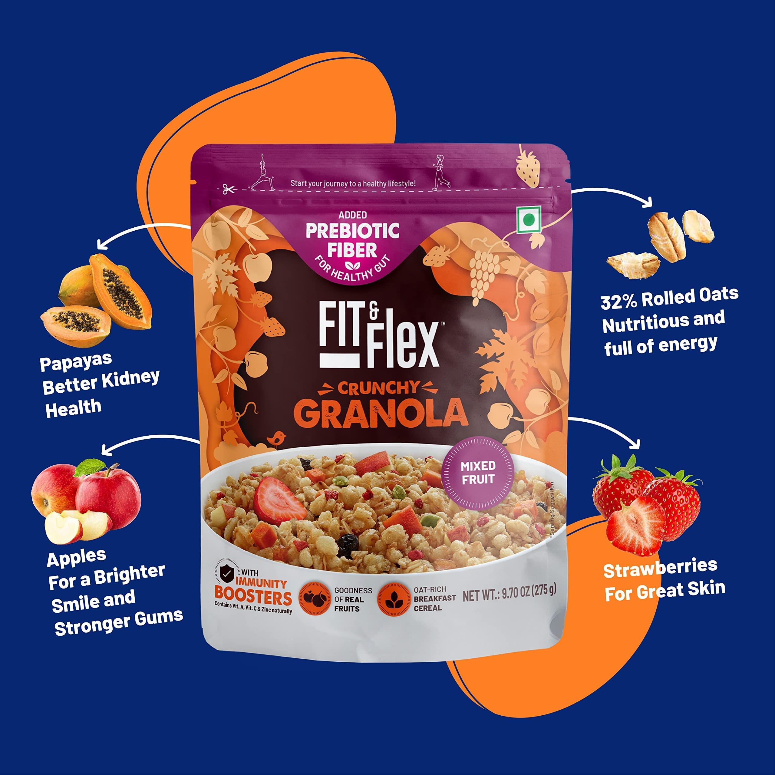 FIT & FLEX FIT & FLEX Baked Granola Mixed Fruit Oat Rich Cereal With Real Freeze Dried Fruits Ready To Eat Healthy Breakfast Food Cholesterol Free With Immunity Boosters As Seen On Shark Tank India 275 Gm