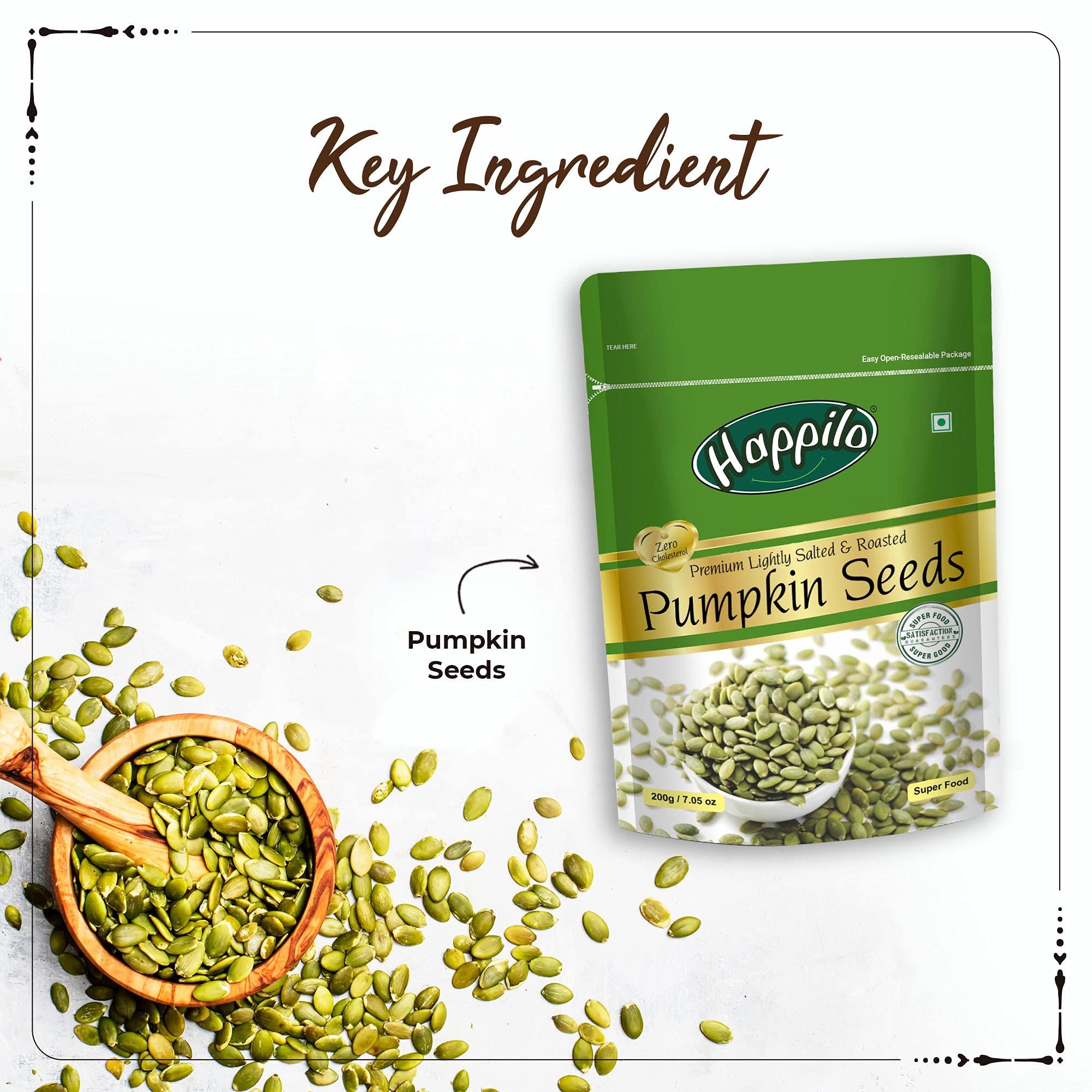 Happilo Happilo Premium Roasted Pumpkin Seeds for Eating 200g, Lightly Salted for Healthy Diet, Immunity Booster and Fiber Rich Superfood & Premium International Whole Seeds & Berries Pouch, 200 g