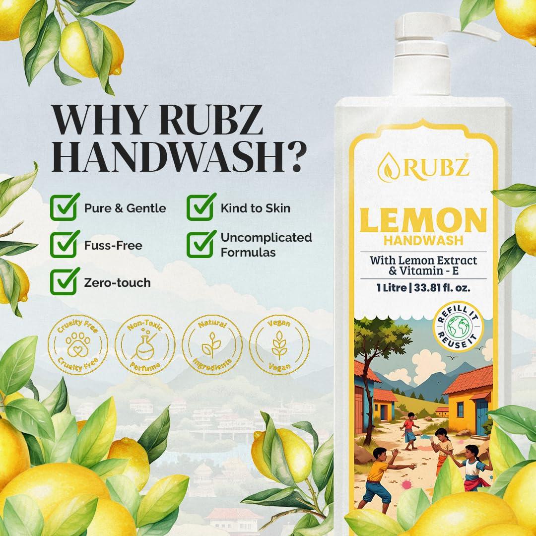Rubz Rubz Lemon Handwash Refill Pack 5 Litre with 500ml bottle | Paraben Free Liquid Gel | Complete Protection for Soft Hands | Best for Hotel, Spa, Salon, Family, Gym | Total 5.5 Litre