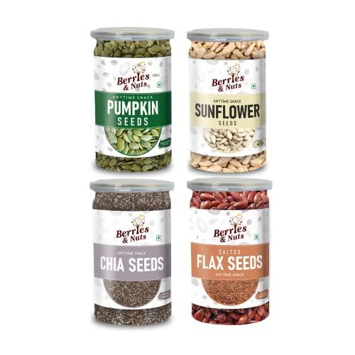 Berries And Nuts Berries And Nuts Pumpkin, Sunflower, Chia & Salted Flax Seeds Combo | Pumpkin Seeds 200 Grams, Sunflower Seeds 200 Grams Chia Seeds 250 Grams & Saled Flax Seeds 200 Grams