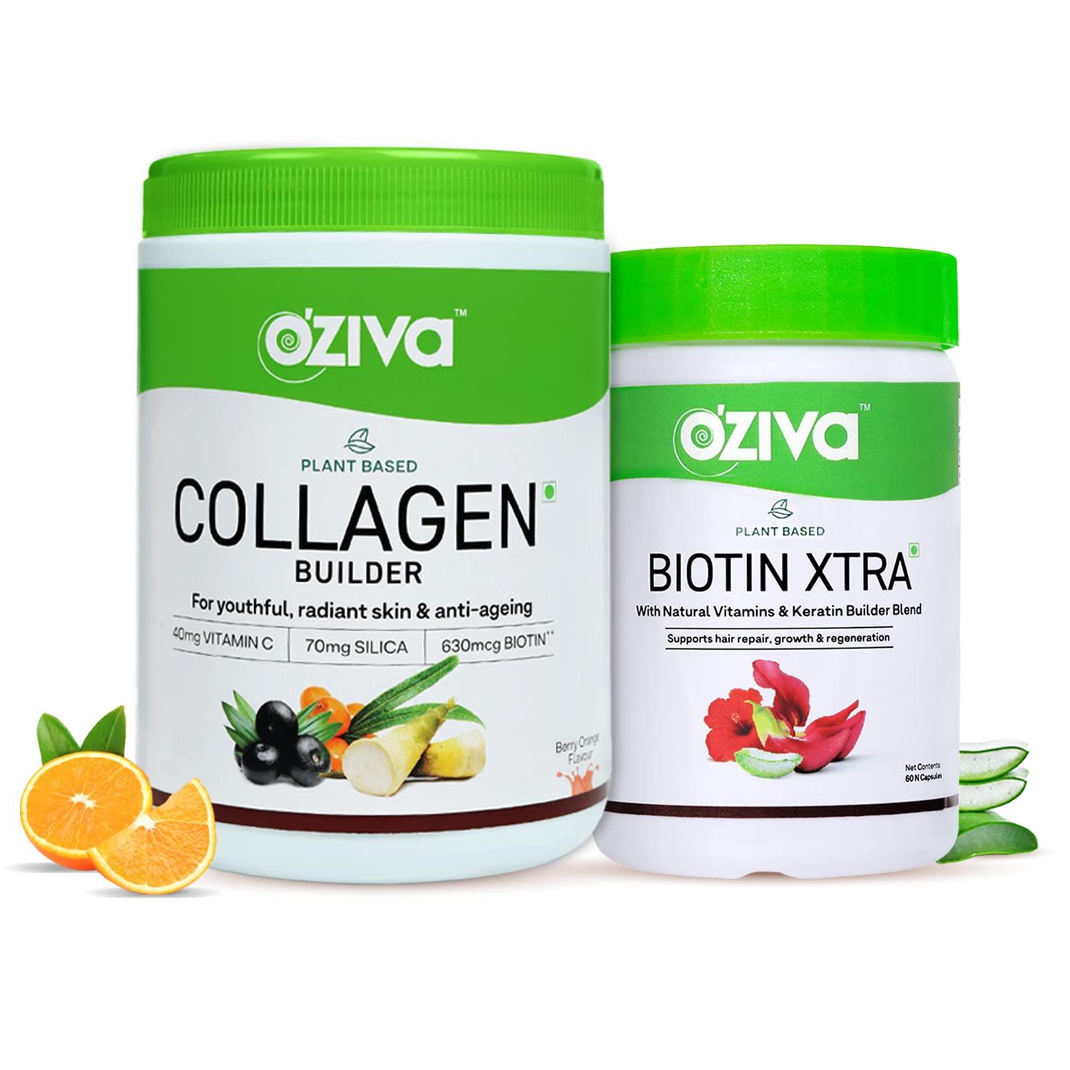 OZiva OZiva Plant Based Collagen Builder for Glowing & Youthful Skin | Collagen Powder for Women & Men | With Biotin, Silica & Vitamin C (Collagen Berry Orange + Biotin Xtra)
