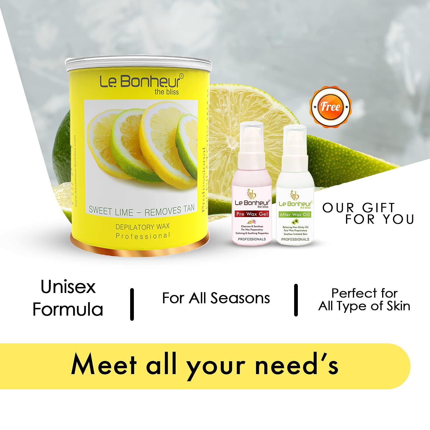 Le Bonheur.. Le Bonheur Sweet Lime D Tan Wax | Suitable Hair And Tan Removal | Perfect Bridal Wax | Its Summer Remove Tan | No Dry Skin After Use | For All Type Of Skin | Free Pre Wax Gel and Post Wax Oil | 800gm (Pack of 3)