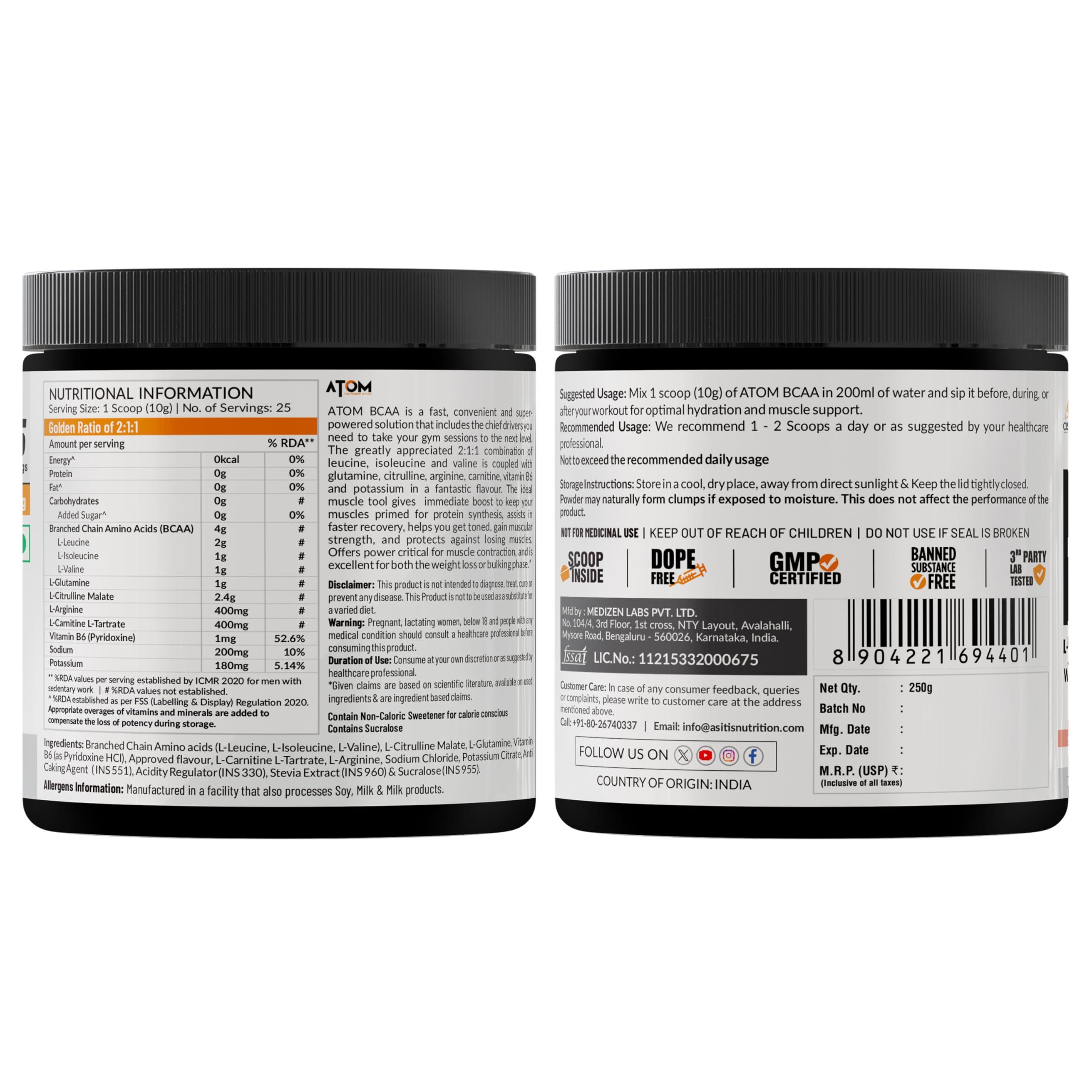 Asitis Nutrition Asitis Nutrition Atom Bcaa 250Gm With L-Arginine, L-Carnitine, L-Citrulline For Energy Burst & Athletic Performance | Fruit Punch Flavor Powder