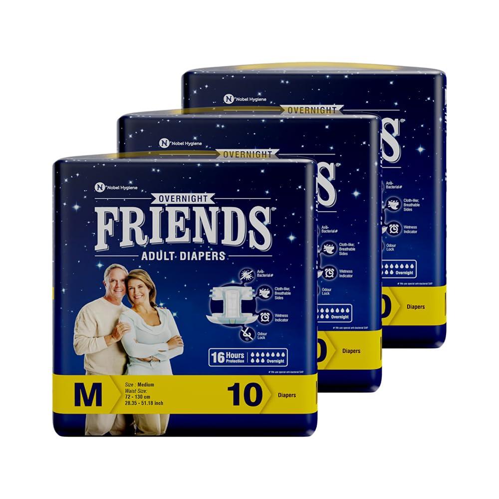 Friends Friends Overnight Adult Diapers Tape Style - 30 Count (Medium) with with odour lock, Unisex, Leakproof and Anti-Bacterial Absorbent Core - Waist Size 28.35-51.18 inch; 72-130 cm