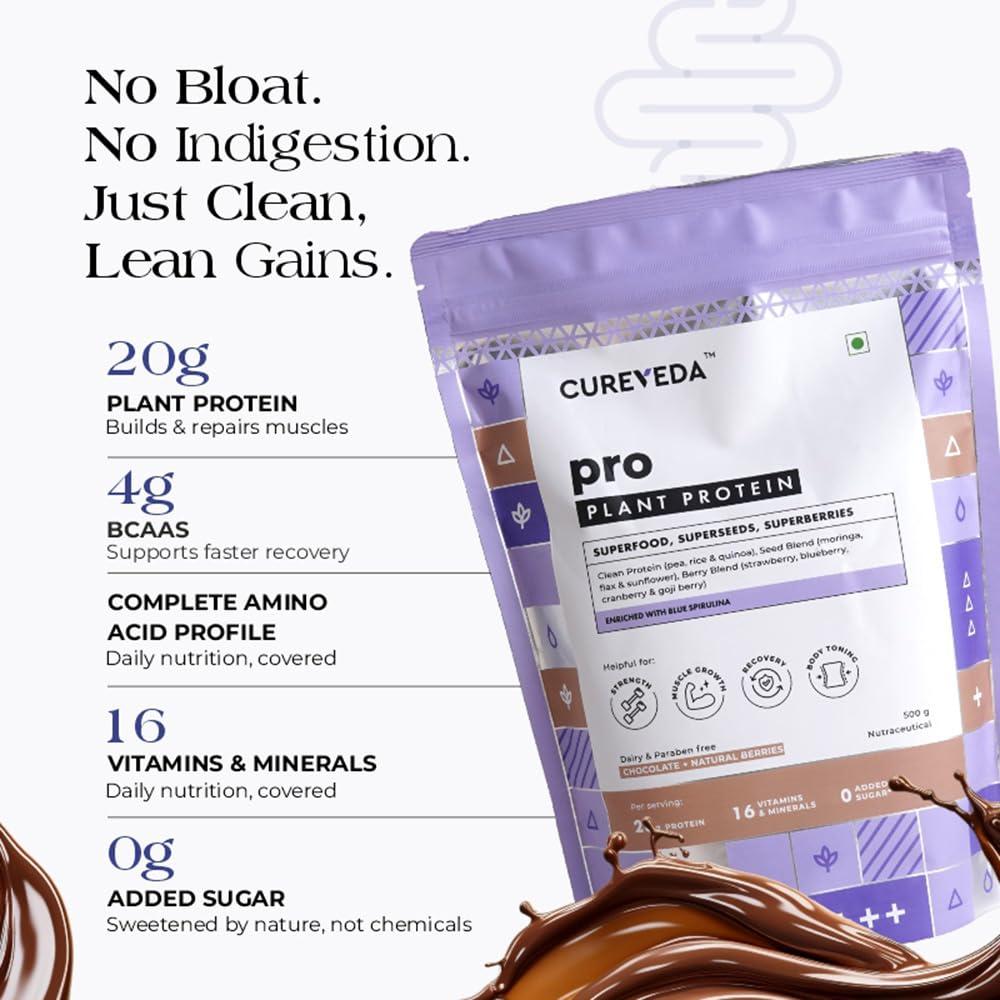 Cureveda Cureveda PRO Super-3 Vegan Plant Protein powder with Superfood, Superseeds & Superberries | Chocolate (500gm)