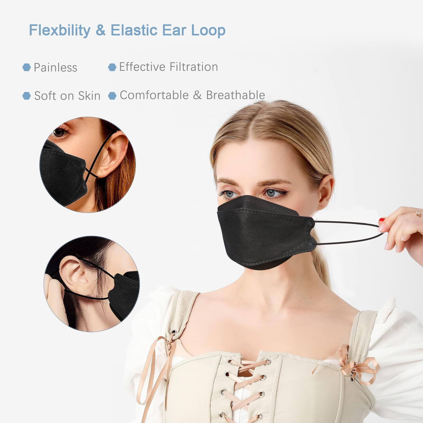 XYEXIM 60Pcs KF94 Disposable Face Masks, KF94 Mask Individually Wrapped, Fish Mouth Type Aldult Safety Four Layer Protective Cup Type mask,Comfortable Breathable ,and Protection Rate of 95% , Suitable for all AdultsBlack