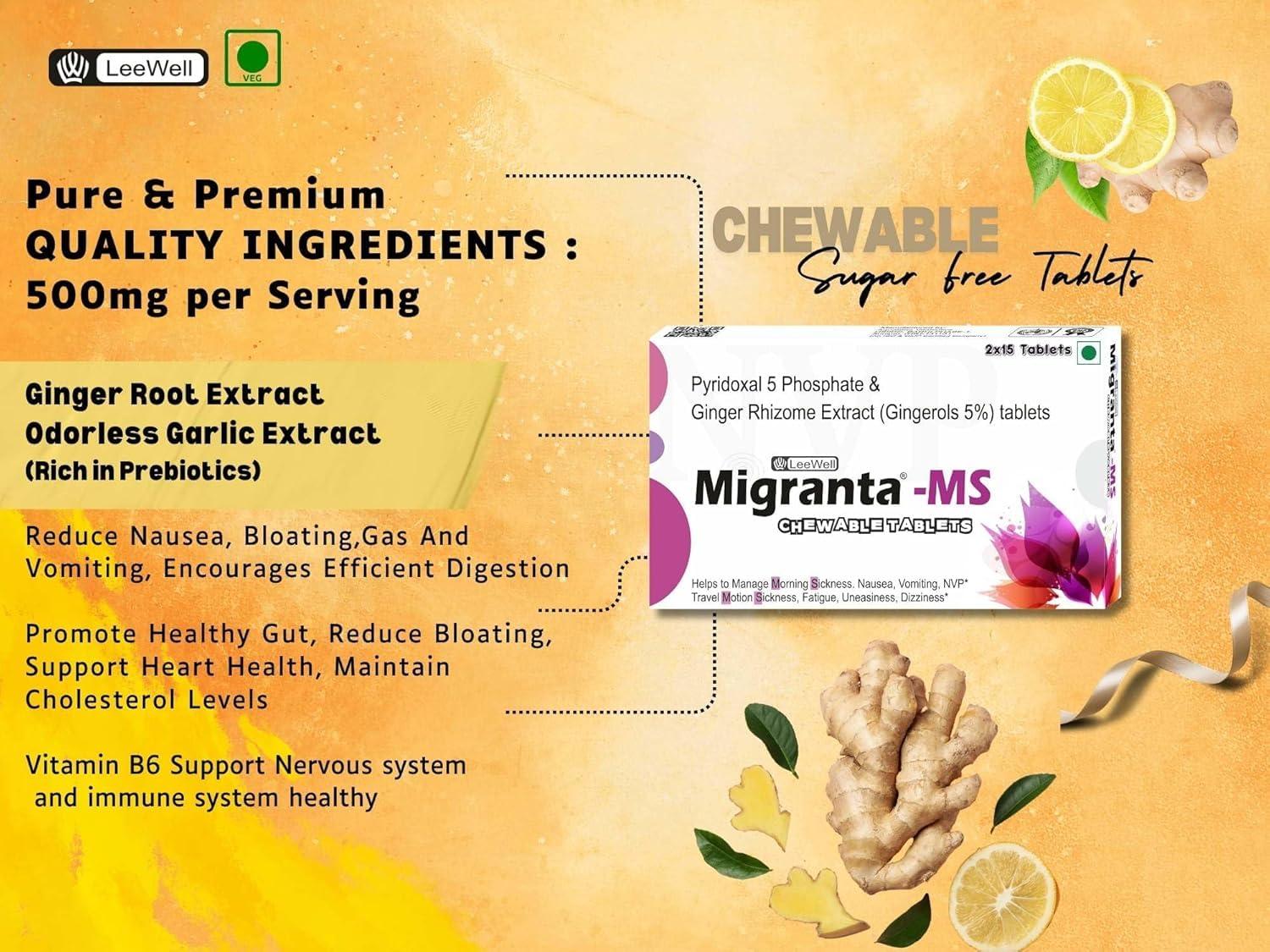 MIGRANTA Migranta -Ms Chewable Ginger Candy for Mild Acid Reflux, Nausea Vomiting Relief | Ginger with vitamin B6 (pyridoxine) | Accelerates Gastric Emptying, Gastrointestinal Motility | Morning Sickness & Nvp support - 60 tablets Sugarfree