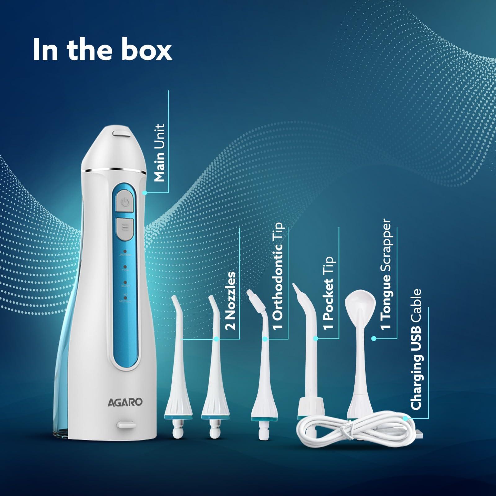 AGARO AGARO Ultra Plus Portable Dental Flosser for teeth, 5 Nozzles, Portable,Cordless & Rechargeable,4 Cleaning Modes,IPX7 Waterproof with 200ml Watertank, Flossing at Home & Travel,Oral Flosser,Oral Irrigator