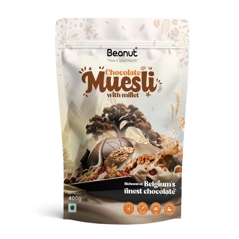 Beanut Beanut Chocolate Muesli with Millet 400g | Power Breakfast | Protein Snack | High Fiber Food | Breakfast Cereal | Source of Protein & Fibre, Multigrain Breakfast