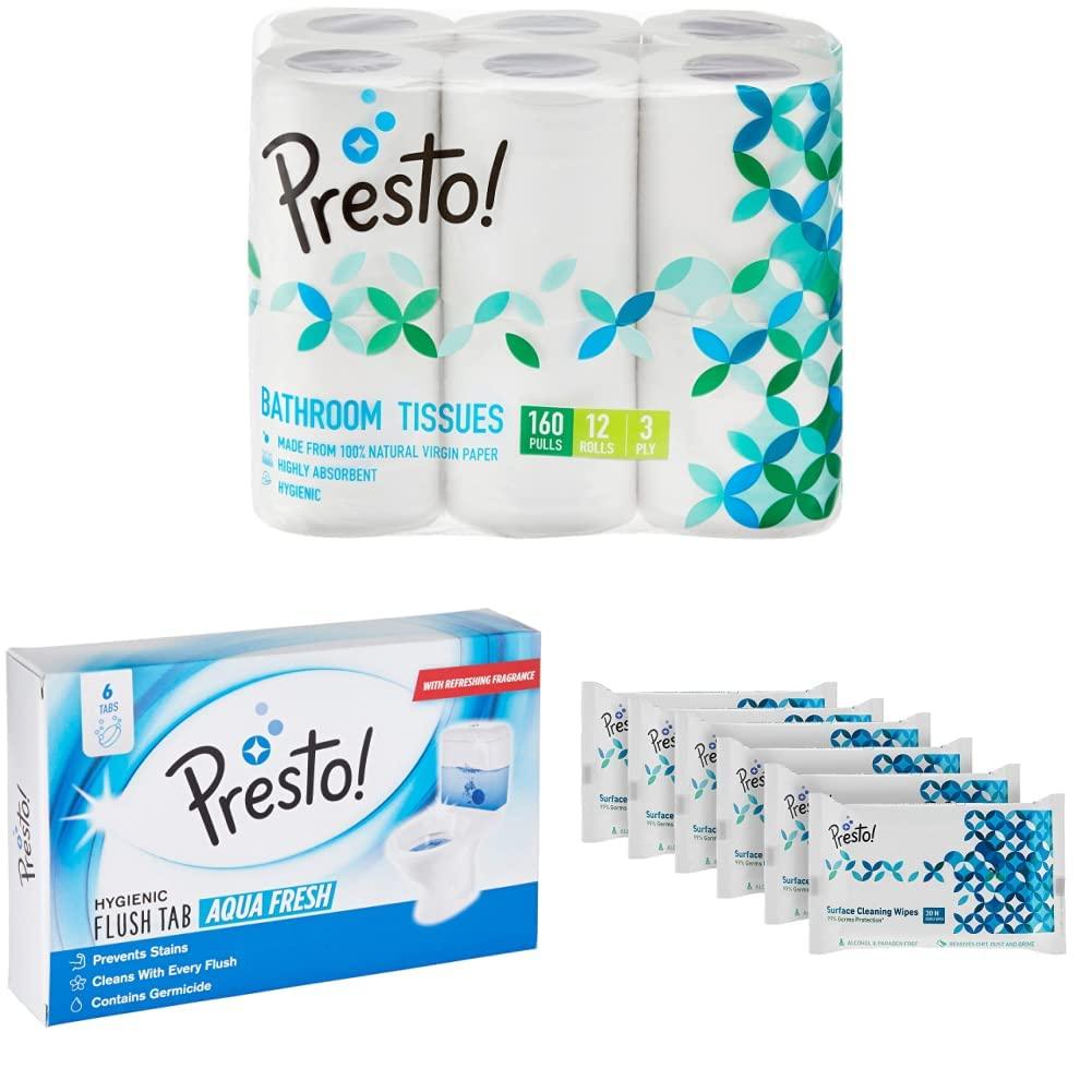 Presto! Amazon Brand - Presto ! 3 Ply Toilet Paper Tissue Roll - 12 Rolls (160 Pulls Per Roll) & Hygienic Flush Tabs, Aqua Fresh - 50 g (Pack of 6) & Surface Cleaning Wipes - 30 wipes/pack (Pack of 6)