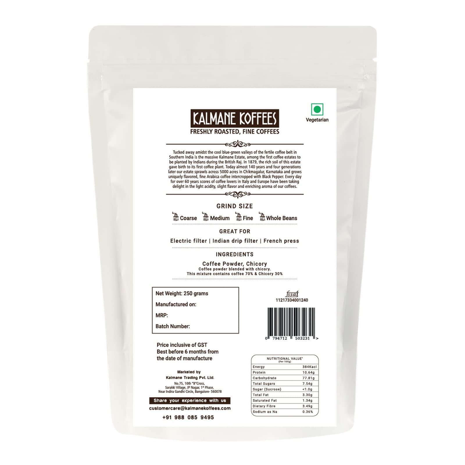 Kalmane Koffees Kalmane Koffees | Madras Filter - Medium Grind Ground Coffee Powder Made with 100% Specialty Grade Arabica - Roasted Frequently in Small Batches - Aromatic Flavor, 70% Coffee 30% Chicory (250 gm)