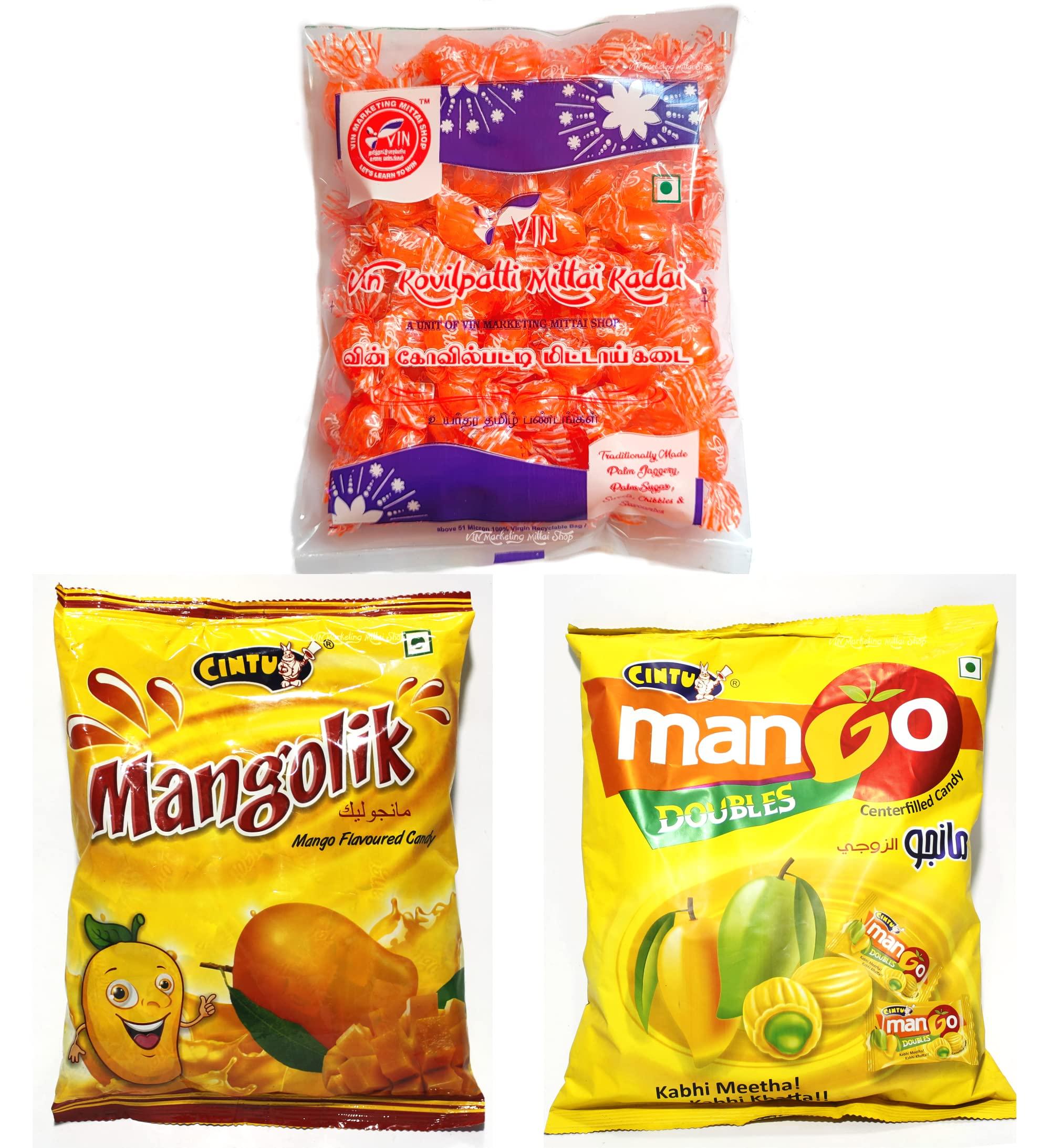 Cintu Cintu Mango Doubles Centerfilled Candy - Pack of 150 + Cintu Mangolik Candy 160 - Pack of 150 + VIN Pulippu Mittai Sour Candy 100 pieces