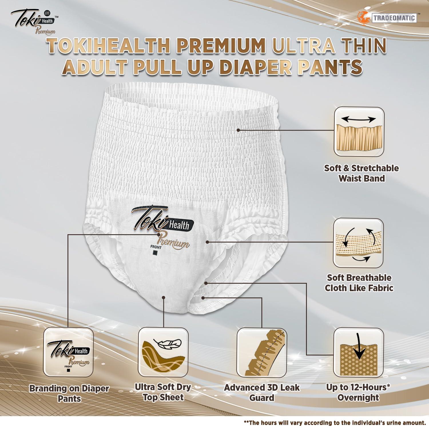 TokiBaby TokiHealth Ultra Thin Premium Adult Diapers Pants Pull Up Style | Large (L) - Waist Size 30 to 39 inches (75-100cm) | Up to 12 Hours Overnight Absorption Protection | Unisex | 10 Counts