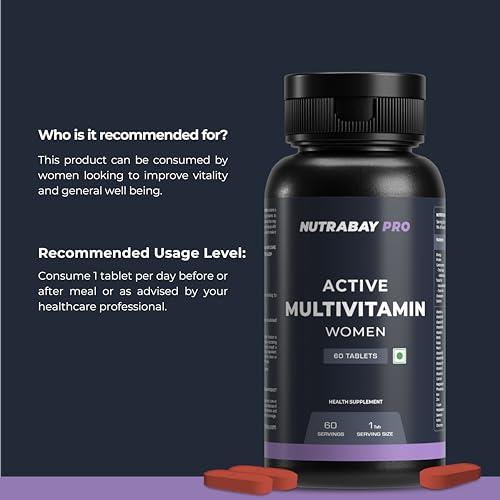 Nutrabay Nutrabay Pro Active Multivitamin for Women - 60 Tablets | Effective Doses of Iron, Vitamin A, B5, B6, C, D, E & K and Multiminerals | Immunity, Hair, Skin, & Bone Support