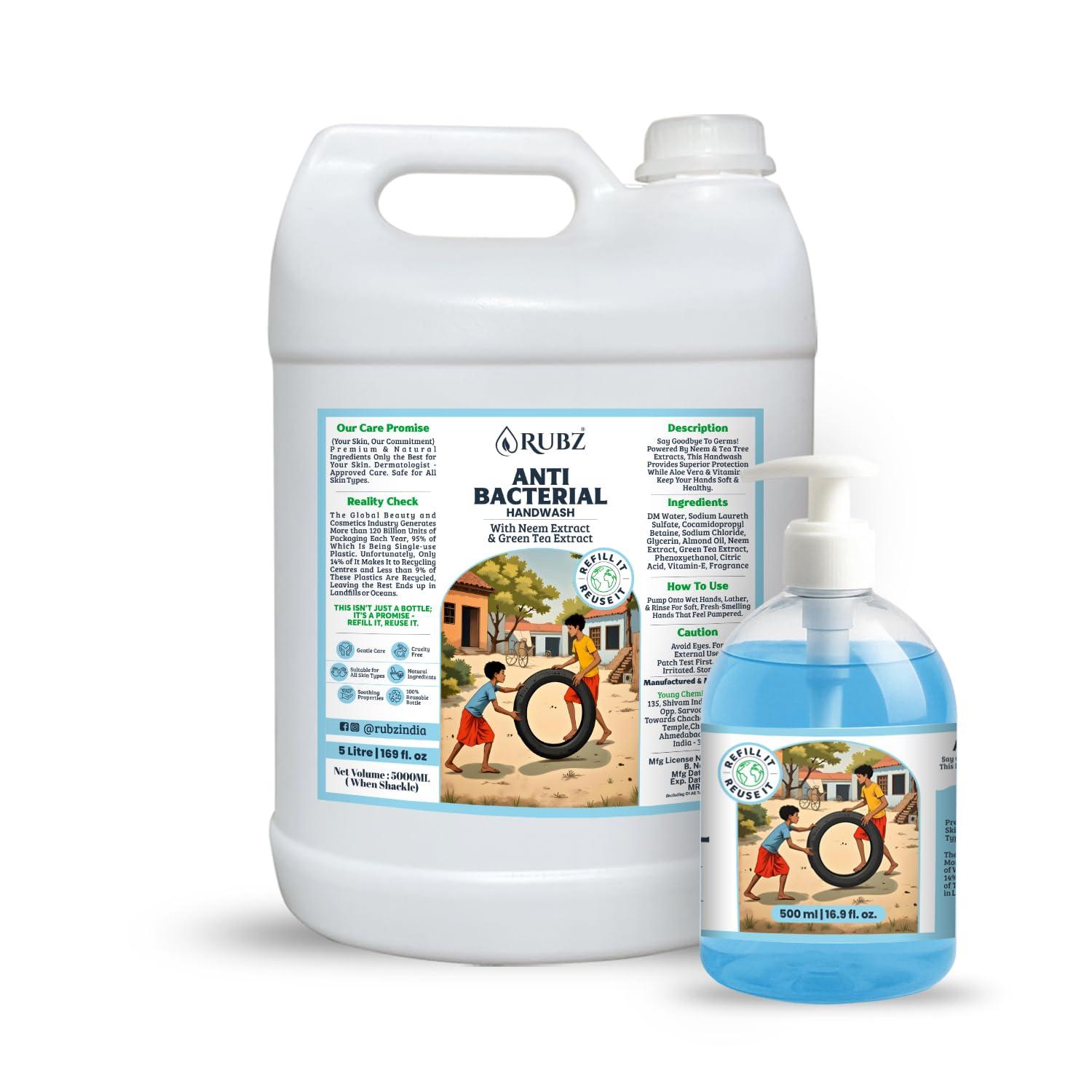Rubz Rubz Antibacterial Handwash Refill Pack 5 Litre with 500ml bottle | Paraben Free Liquid Gel | Complete Protection for Soft Hands | Best for Hotel, Spa, Salon, Family, Gym | Total 5.5 Litre