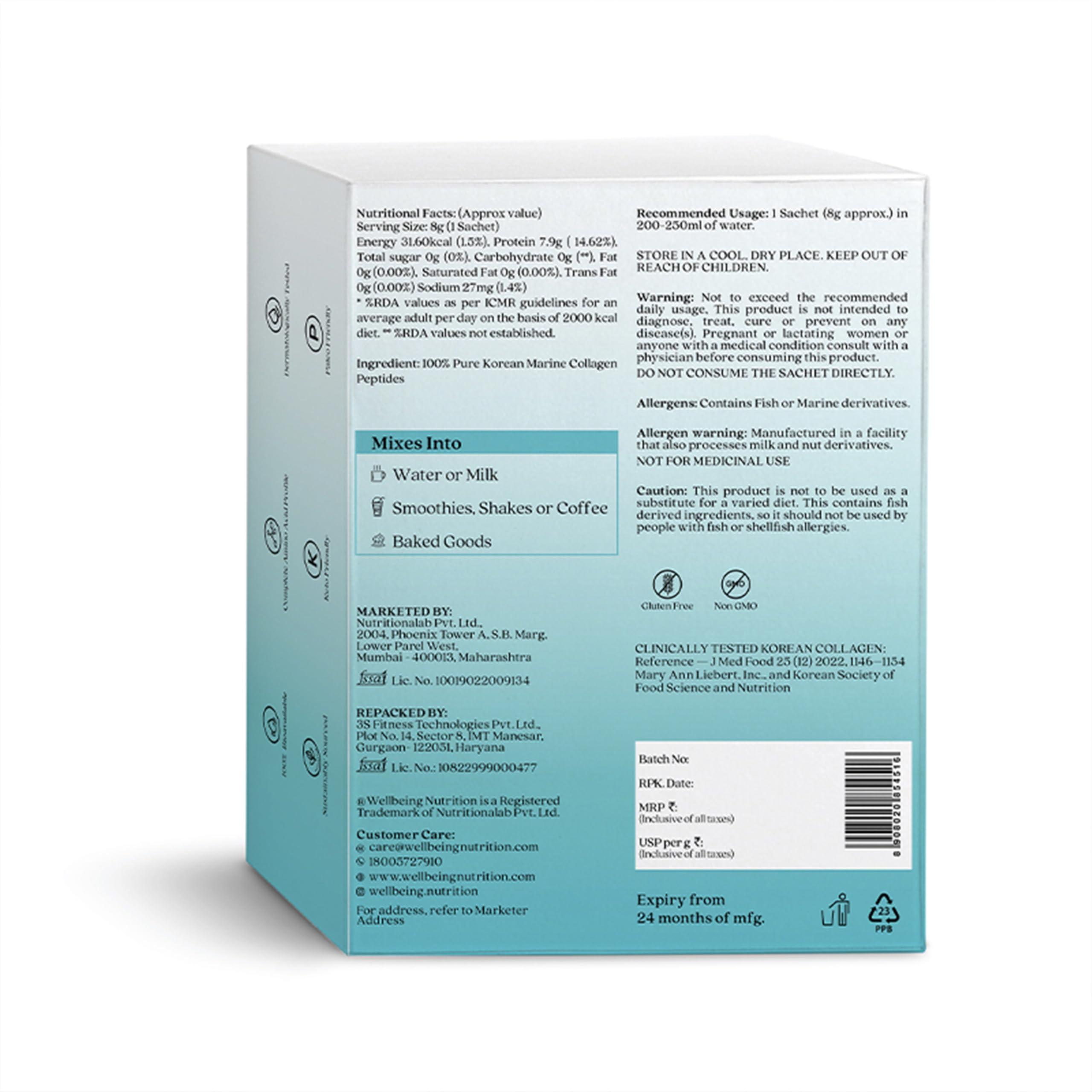 WELLBEING NUTRITION Wellbeing Nutrition Pure Korean Marine Collagen Supplements for Women & Men|Clinically Proven Type 1 & 3 Hydrolyzed Peptides|For Anti-Aging,Radiant Skin & Hair Growth|Unflavored - 6 Sachets, 48 grams