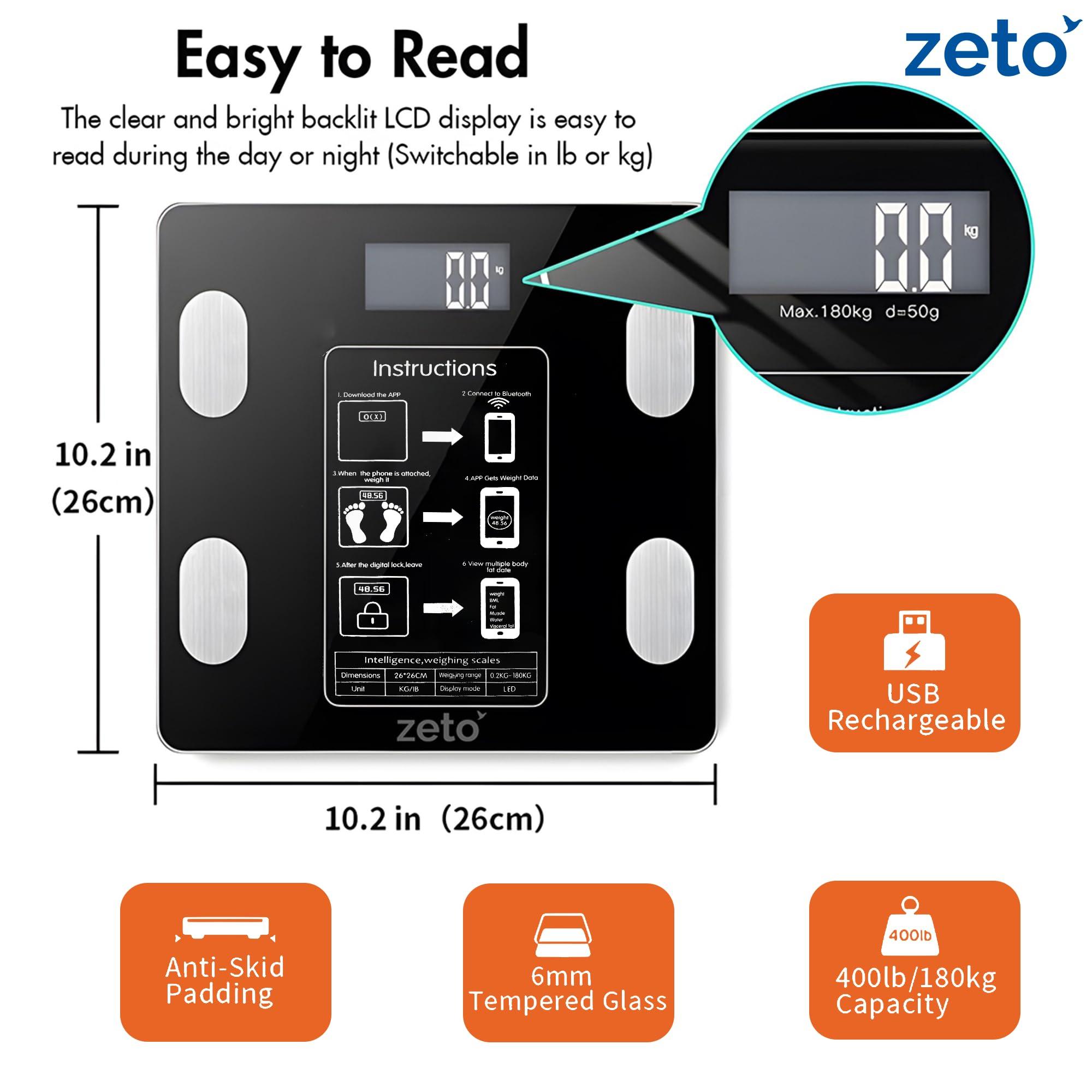 ZETO ZETO Bluetooth Digital BMI Weight Scale with Body Fat Analyzer and Fitness Tracker - Smart Scale Plus for Effortless Weight Loss Journey (XL)