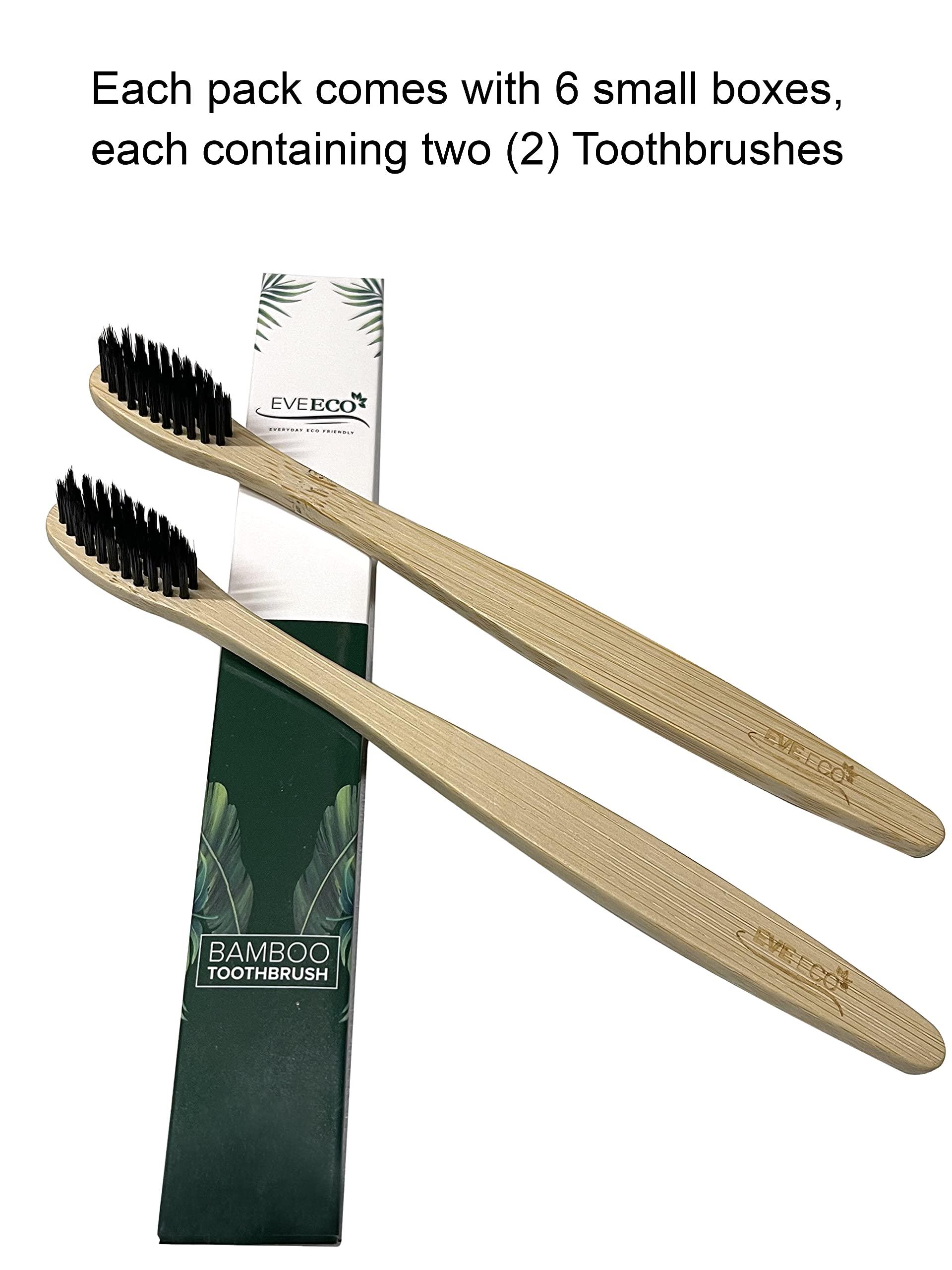 EveEco 12 Pack I Bamboo Toothbrush I Soft Bristles Best For Sensitive Gums I Charcoal I Vegan I Natural Wood I BPA Fee I Recyclable I Compostable I Biodegradable | Environmentally Friendly | By EveEco