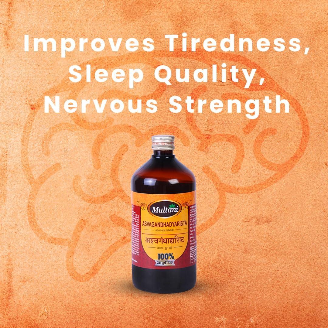 Multani Multani Asvagandhadyarista | Useful In Weakness, Stress & Strain | Usefull in Vertigo | Improves Tiredness, Sleep Quality, Nervine Strength | 450 ml
