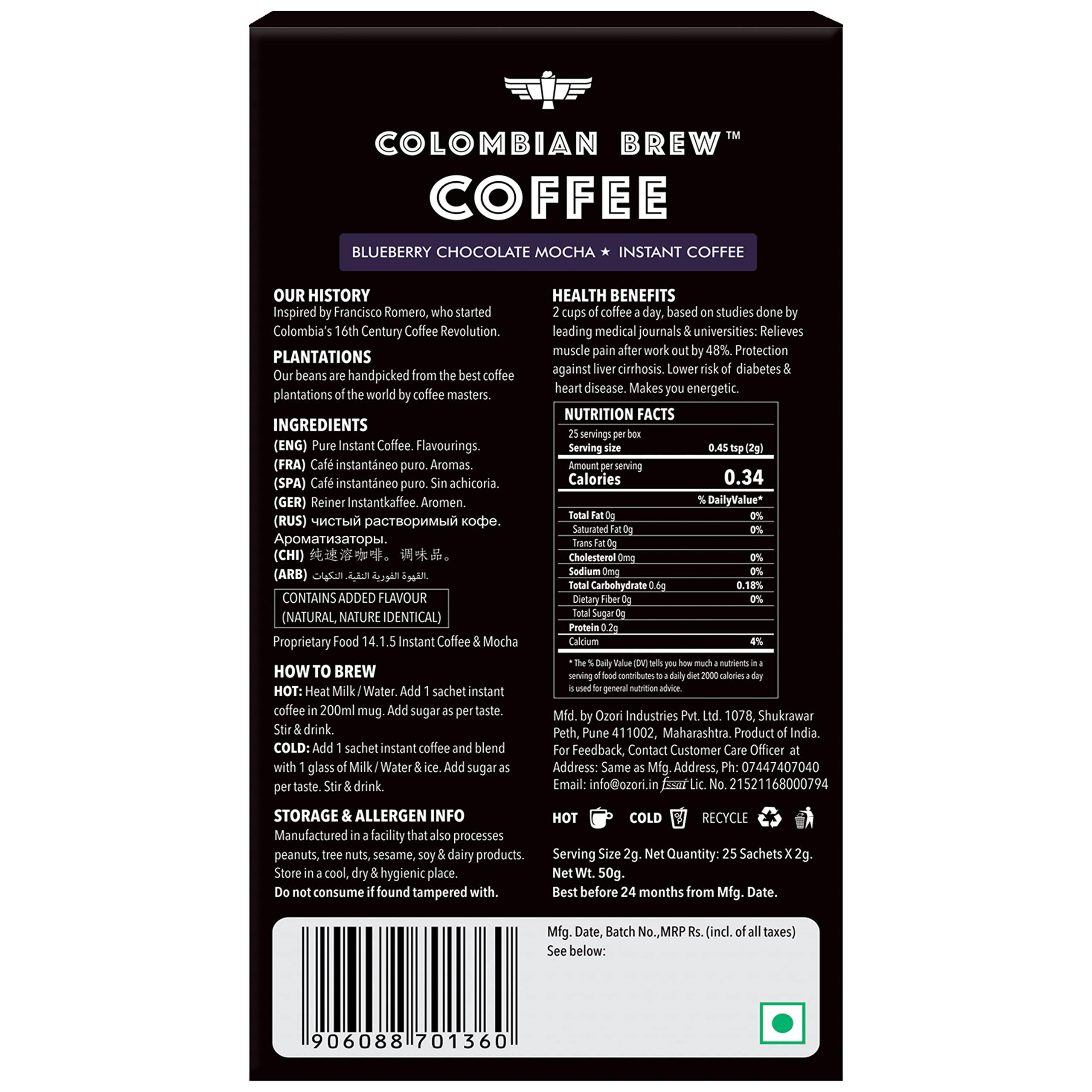 COLOMBIAN BREW COFFEE Colombian Brew Coffee, 100% Arabica Green Coffee Powder 200g & Colombian Brew Blueberry Chocolate Mocha Instant Coffee, No Sugar Vegan, 50g
