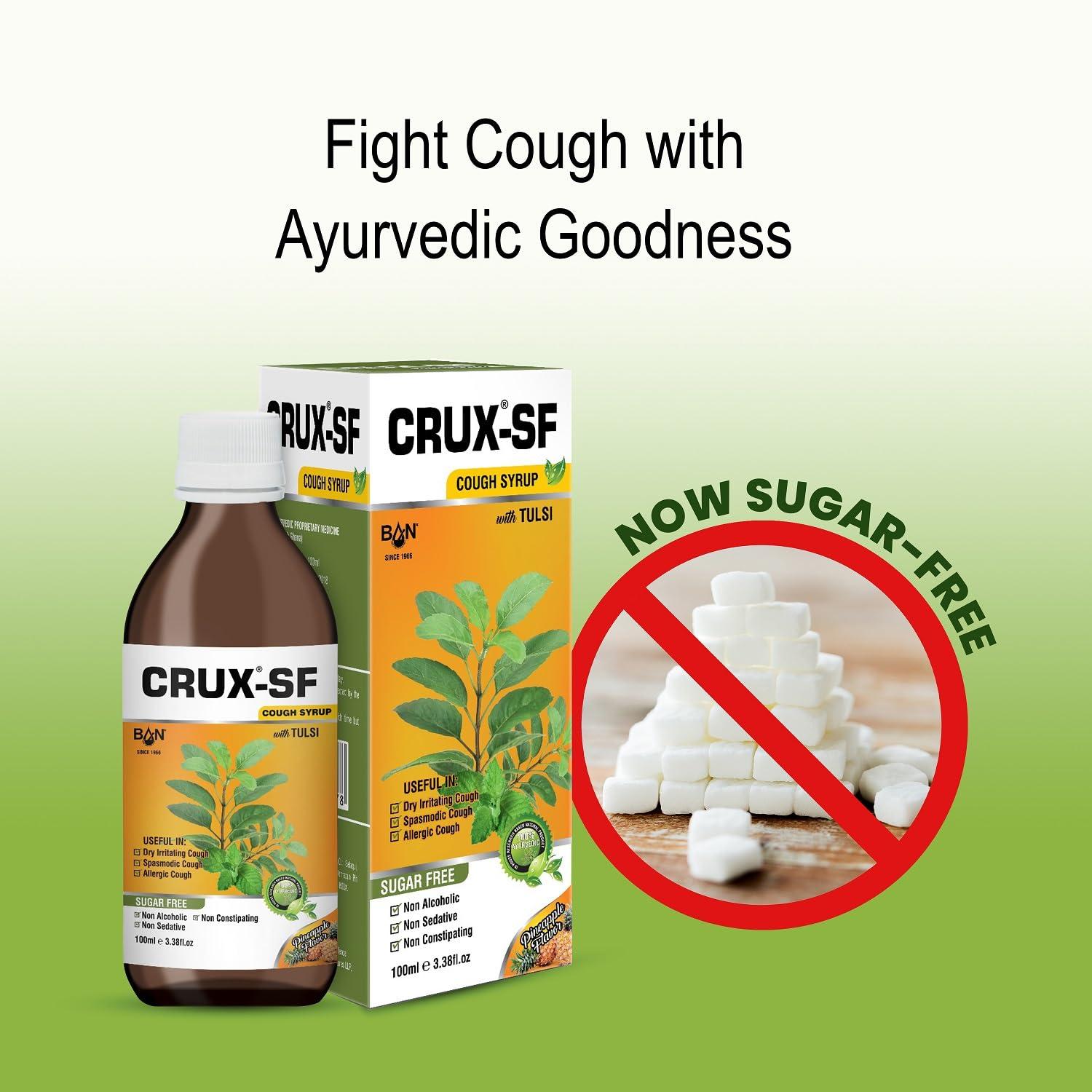 Crux Crux Ayurvedic Sugar free Cough Syrup 100ML, Pack of 3 | Get Ayurvedic Relief from Throat Issue, Chest Congestion, All Types Of cough & Cold | Goodness Of Tulsi, Pippali, Satpudina