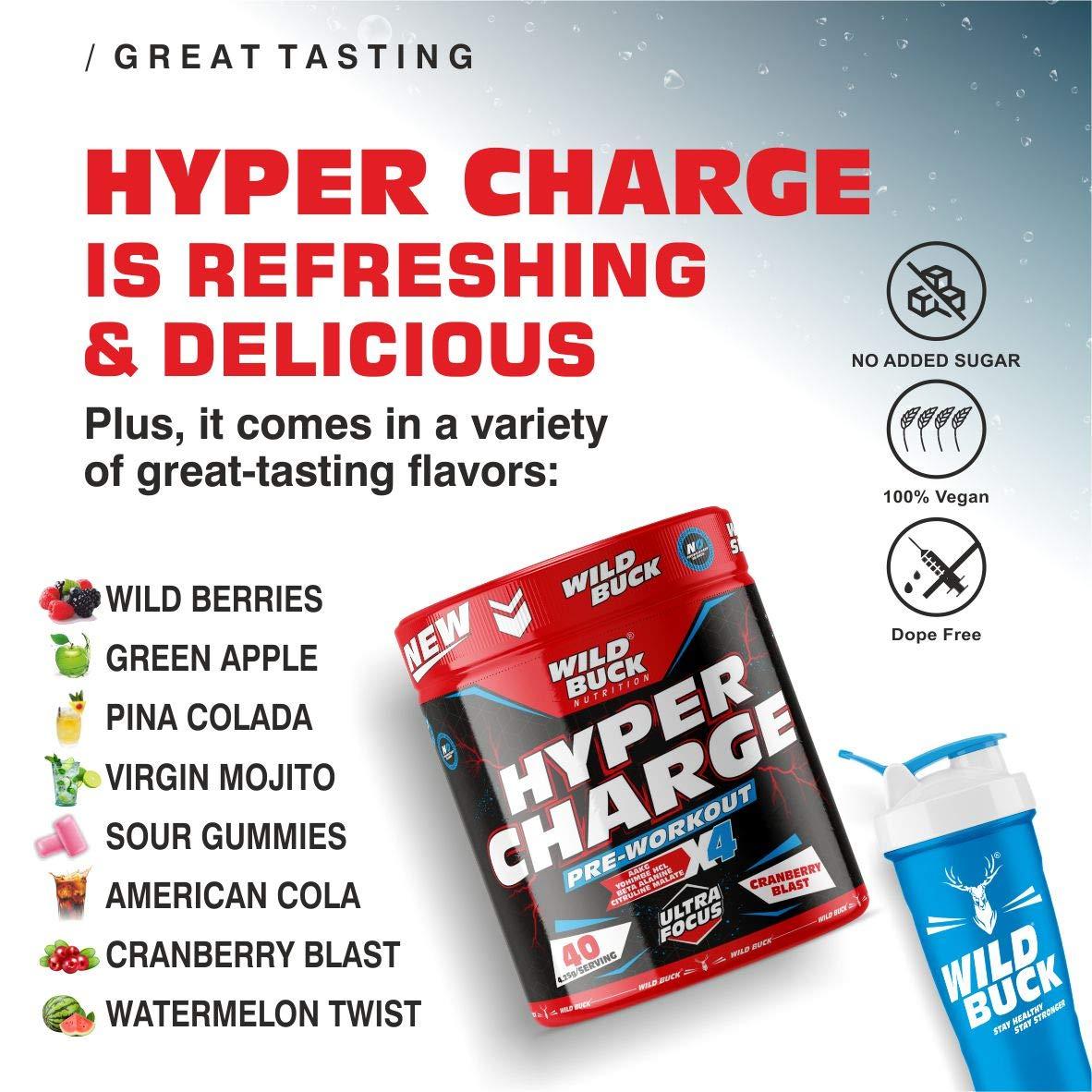 WILD BUCK WILD BUCK Hyper Charge Pre-X4 Hardcore Pre-Workout Supplement with Creatine Monohydrate, Arginine AAKG, Beta-Alanine, Explosive Muscle Pump -For Men & Women [40 Servings, Cranberry Blast] Free Shaker