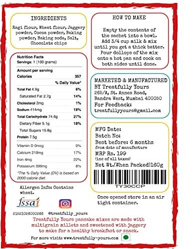 Treatfully Yours Treatfully Yours Chocolate Chips Pancakes Mix|Sweetened With Jaggery|No Maida|No Refined Sugar| Makes 8 Pancakes (Pack of 1, 160gm)