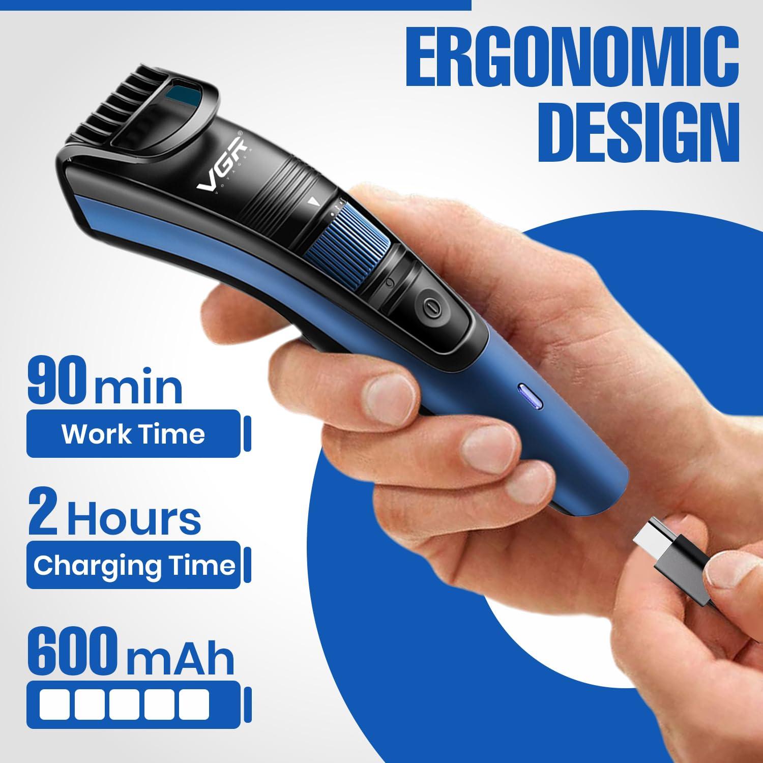 VGR VGR V-052 Professional Hair Trimmer for men  Adjustable Length Settings (0.5-10mm), USB Rechargeable, Cord/Cordless Operation, Washable Head, Includes Guide Comb & Cleaning Accessories (Blue)