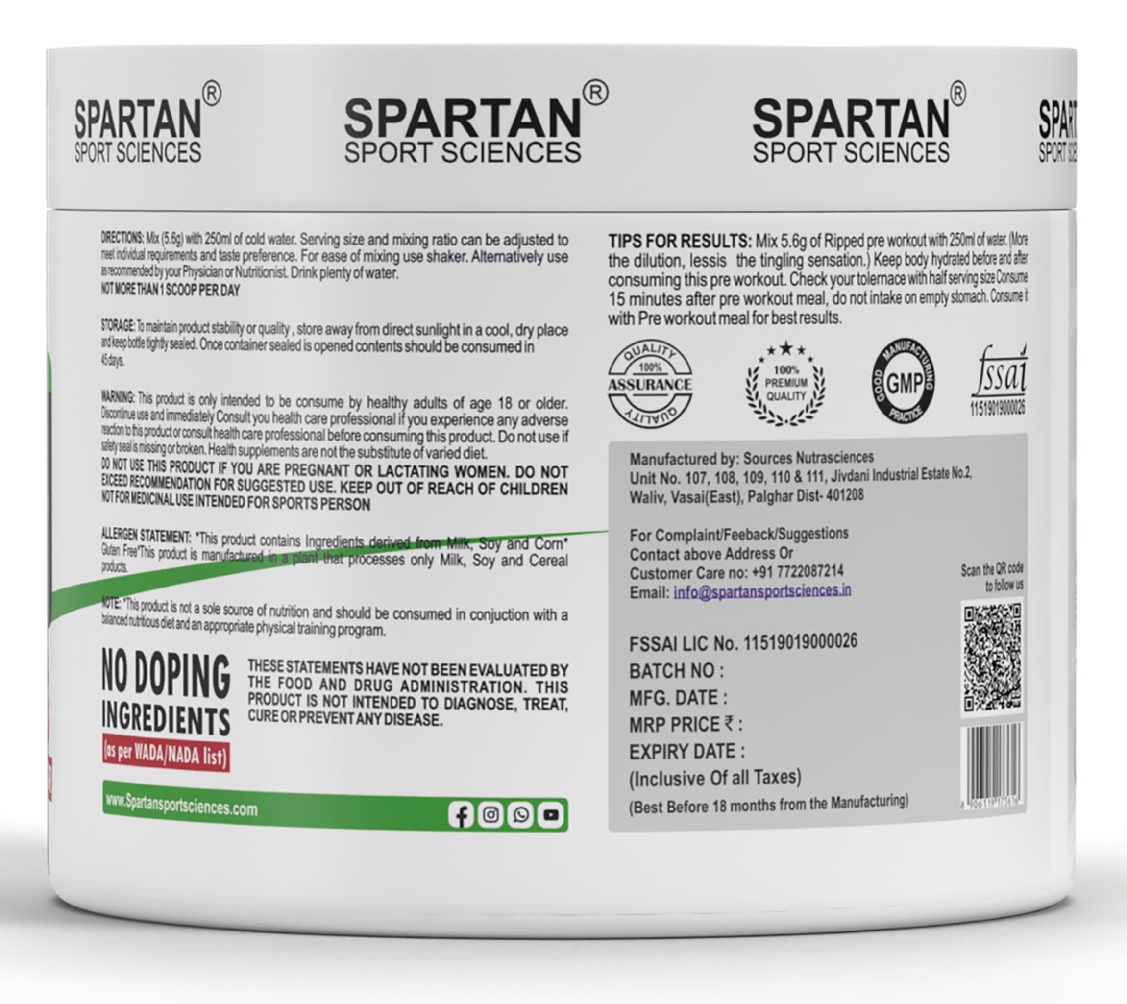 Spartan Sport Sciences Spartan Sport Sciences Ripped Pre Workout | Pre Workout Supplements for Men & Women | Gym Pre Workout | 30 Servings, Zero Sugar, Watermelon Flavour, 170g (170g, Strawberry)