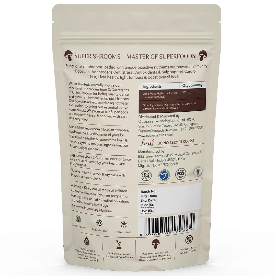 ROOTED Rooted Actives Certified Organic Lions Mane Mushroom Extract Gummies | Memory, Focus, Brain Powder & Nerve Health | Usda Organic, No Sugar, Blueberry Flavor | Lions Mane Powder