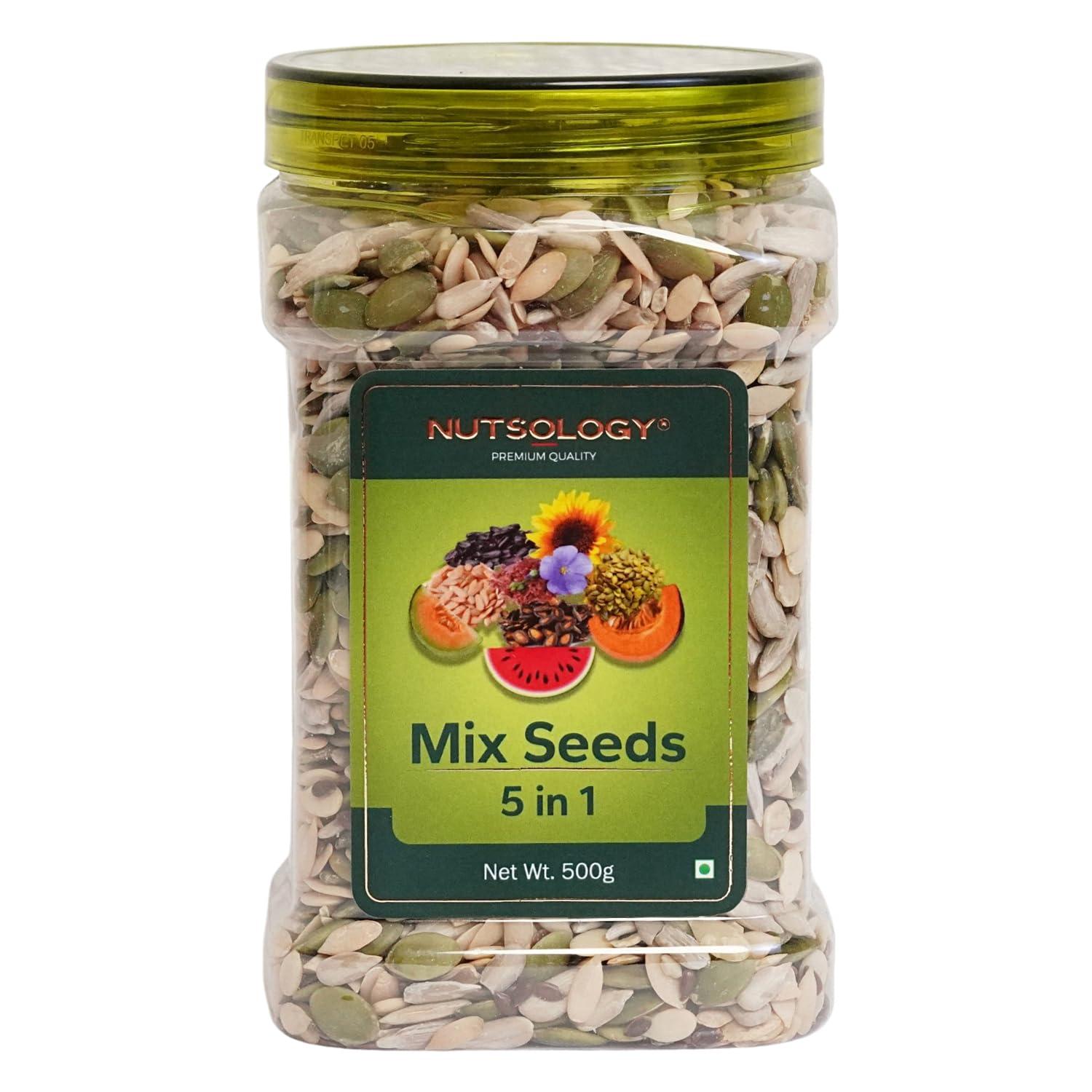 NUTSOLOGY Nutsology Premium Mix Seeds | 500g | 5 in 1 | Roasted Pumpkin, Flax & Sunflower Seed + Raw Watermelon & Muskmelon/Kharbuja Seeds | Healthy