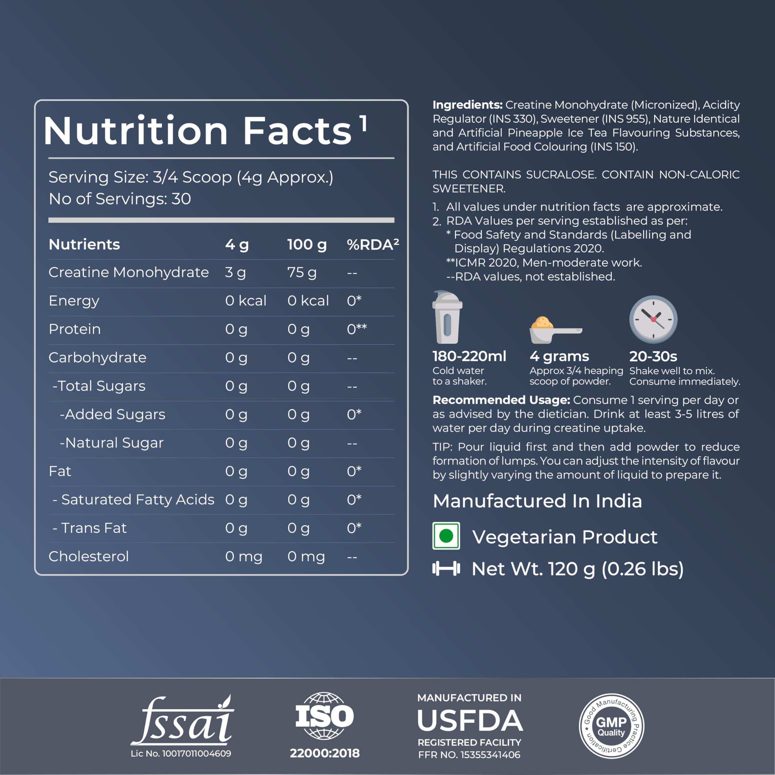 Nutrabay Nutrabay Gold Micronised Creatine Monohydrate-120Gram,Pineapple Ice Tea Powder Flavor Pre/Post Workout Supplement,Muscle Repair&Recovery Supports Performance&Power Flavoured Creatine Amino Acid