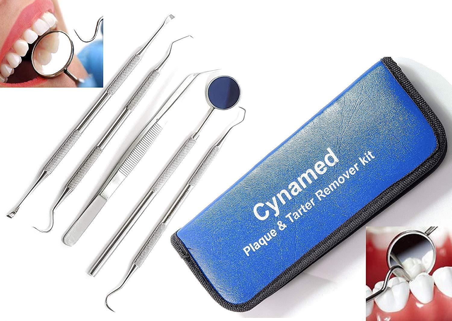 Cynamed Professional Dental Hygiene Kit, Calculus Plaque Remover Set, Stainless Steel Tools, Tarter Scraper, Tooth Pick, Dental Scaler and Mouth Mirror Instruments. Hygienist Kit, Home Use Tools for Adults