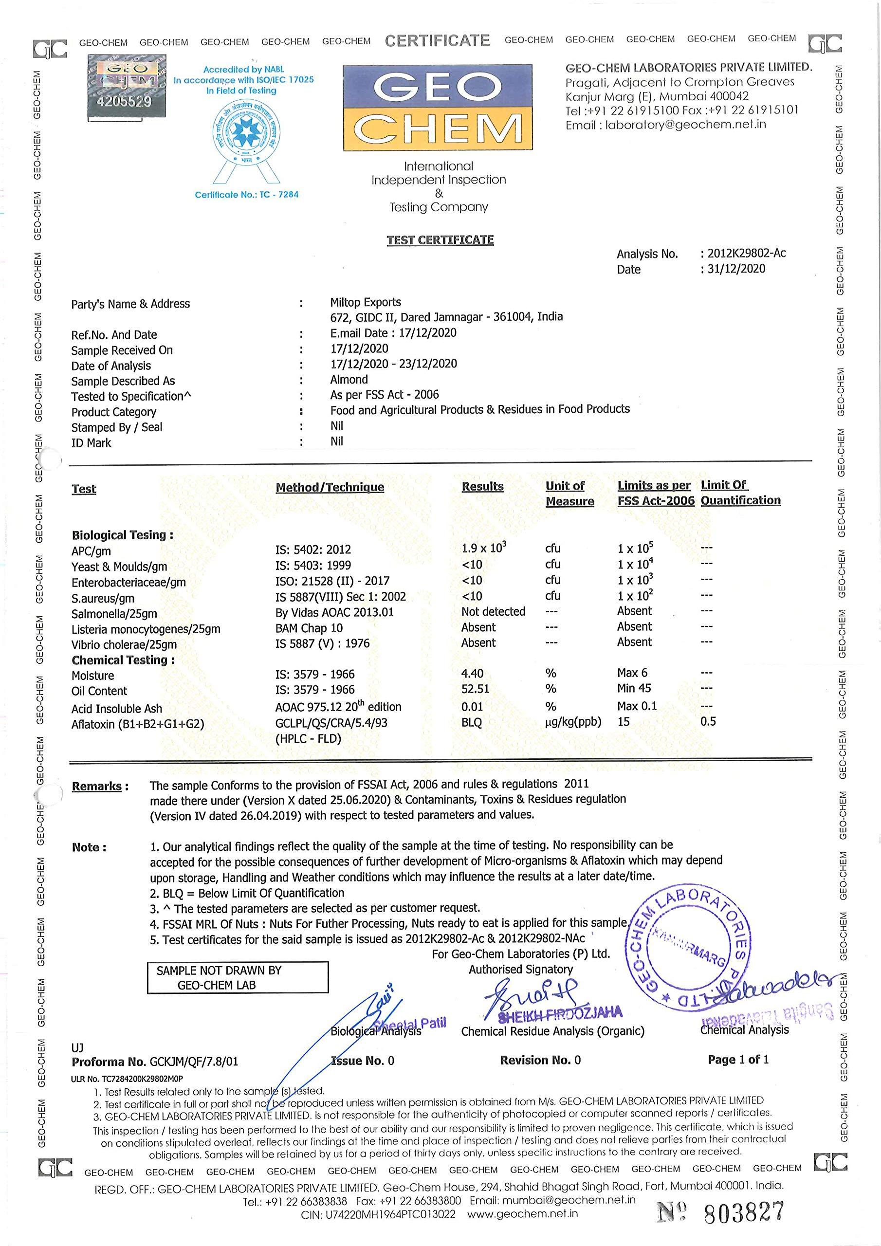 MILTOP Miltop Raw California Almonds | Premium Badam Giri | High in Fiber & Boost Immunity | Hand-picked Nuts & Dry Fruits| 1Kg Pouch