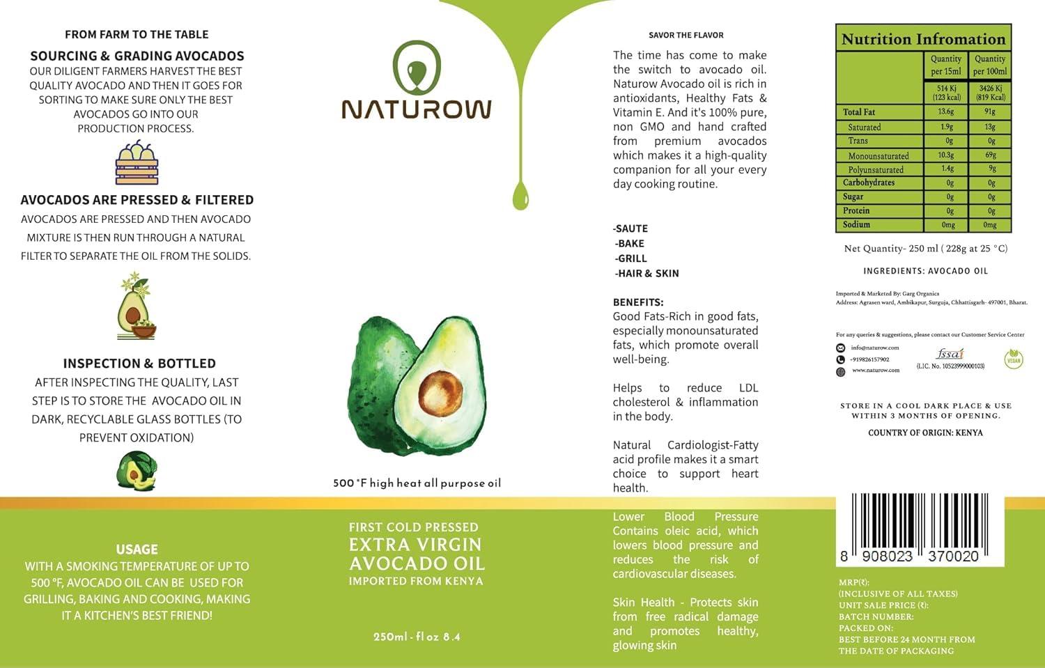 Naturow Naturow Extra Virgin Avocado Oil | Cold Pressed | 100% Natural | Keto and Paleo Diet Friendly | Homemade Sauces, Dressings and Marinades (500ml | 16.9fl oz)
